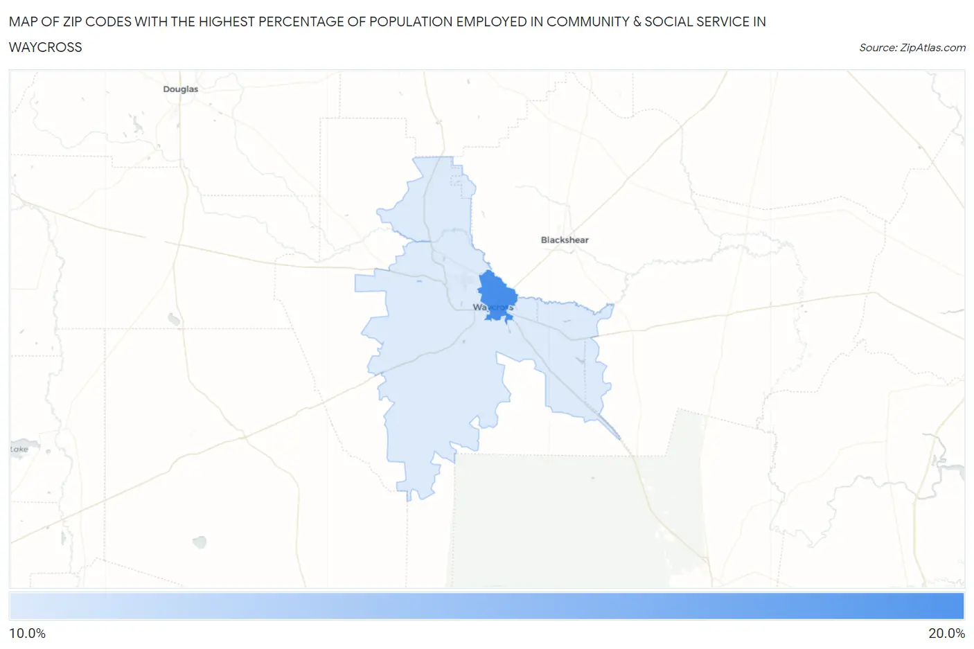 Zip Codes with the Highest Percentage of Population Employed in Community & Social Service  in Waycross Map