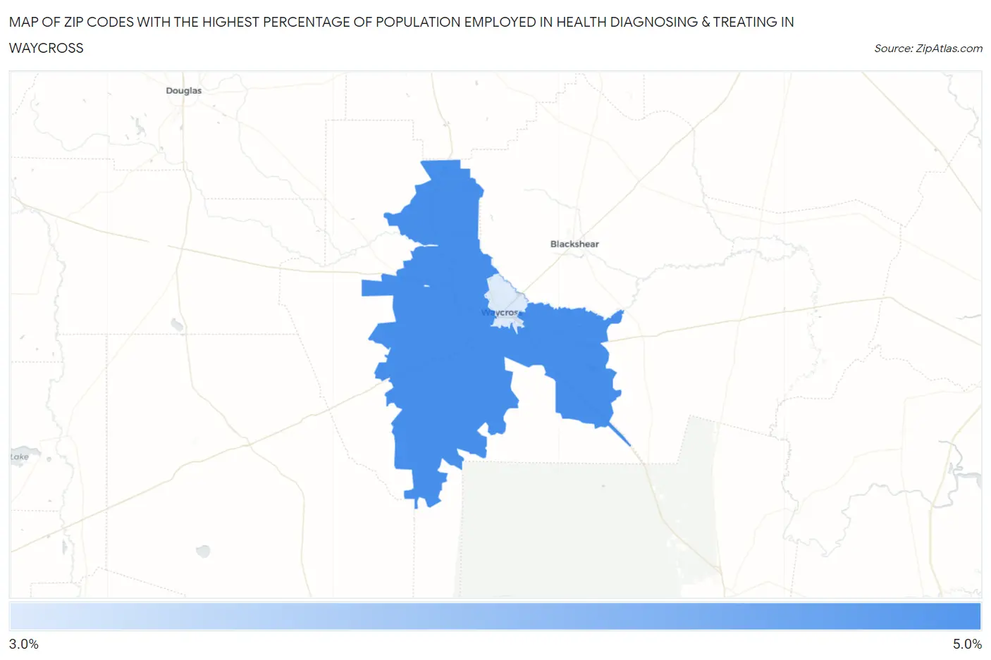 Zip Codes with the Highest Percentage of Population Employed in Health Diagnosing & Treating in Waycross Map