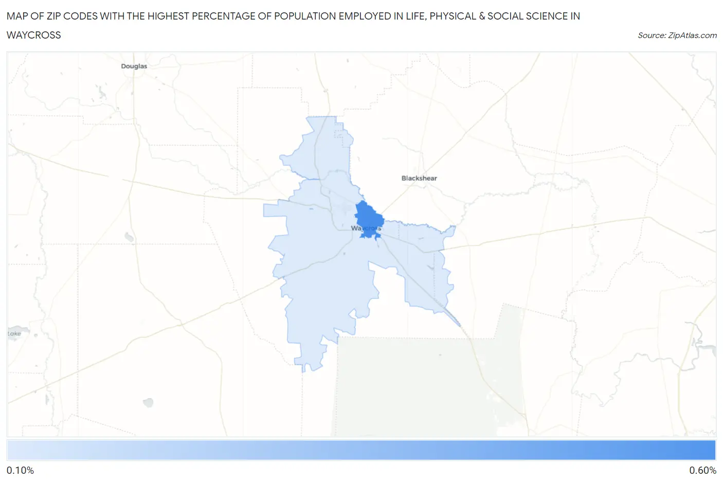 Zip Codes with the Highest Percentage of Population Employed in Life, Physical & Social Science in Waycross Map