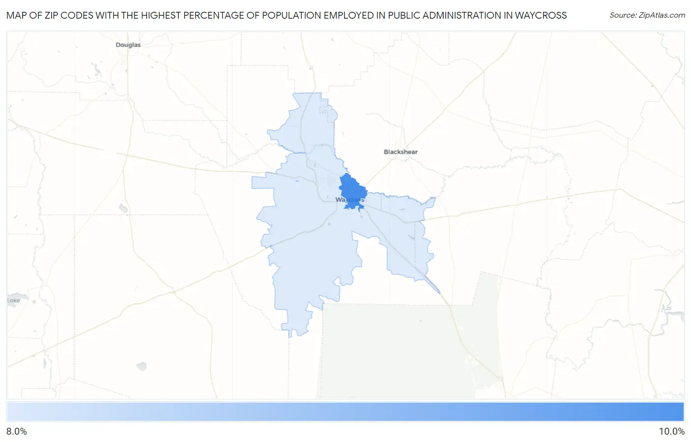 Zip Codes with the Highest Percentage of Population Employed in Public Administration in Waycross Map