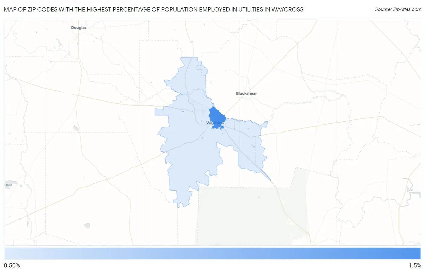 Zip Codes with the Highest Percentage of Population Employed in Utilities in Waycross Map