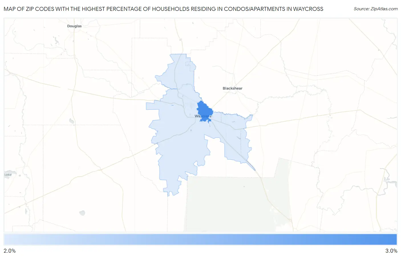 Zip Codes with the Highest Percentage of Households Residing in Condos/Apartments in Waycross Map