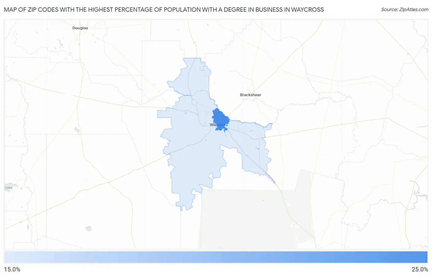 Zip Codes with the Highest Percentage of Population with a Degree in Business in Waycross Map