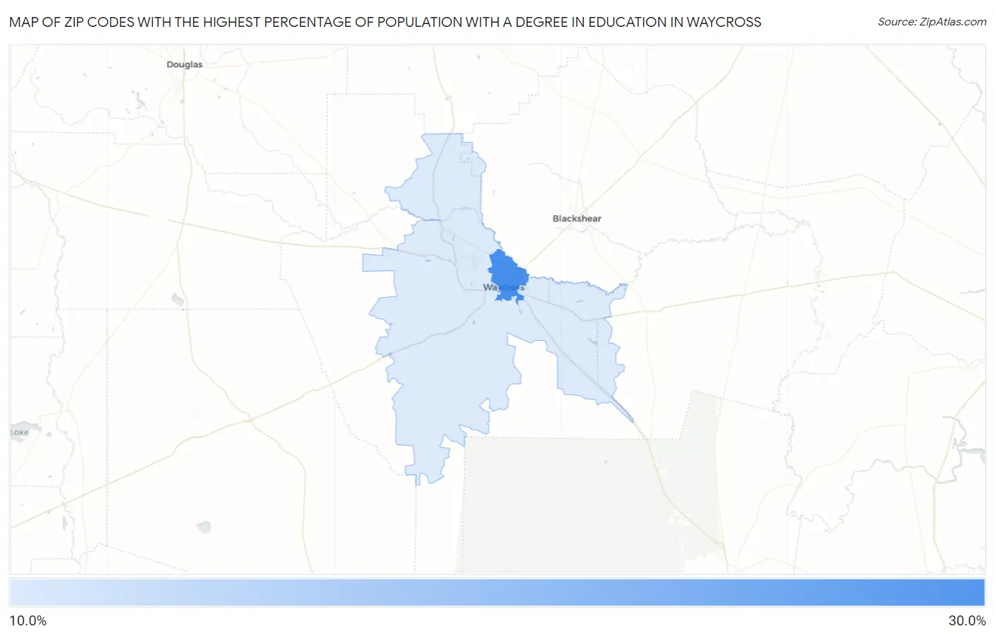 Zip Codes with the Highest Percentage of Population with a Degree in Education in Waycross Map