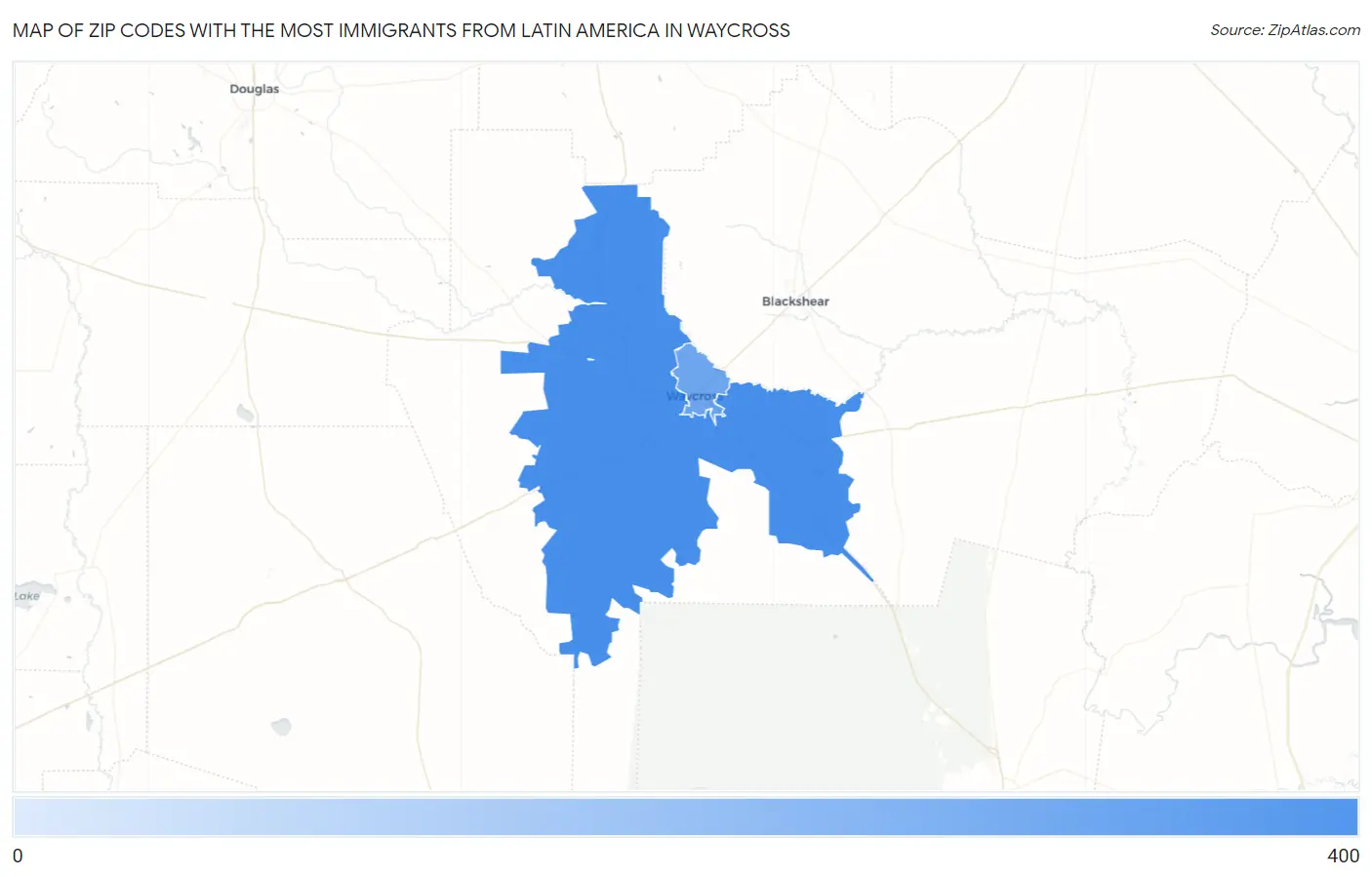 Zip Codes with the Most Immigrants from Latin America in Waycross Map
