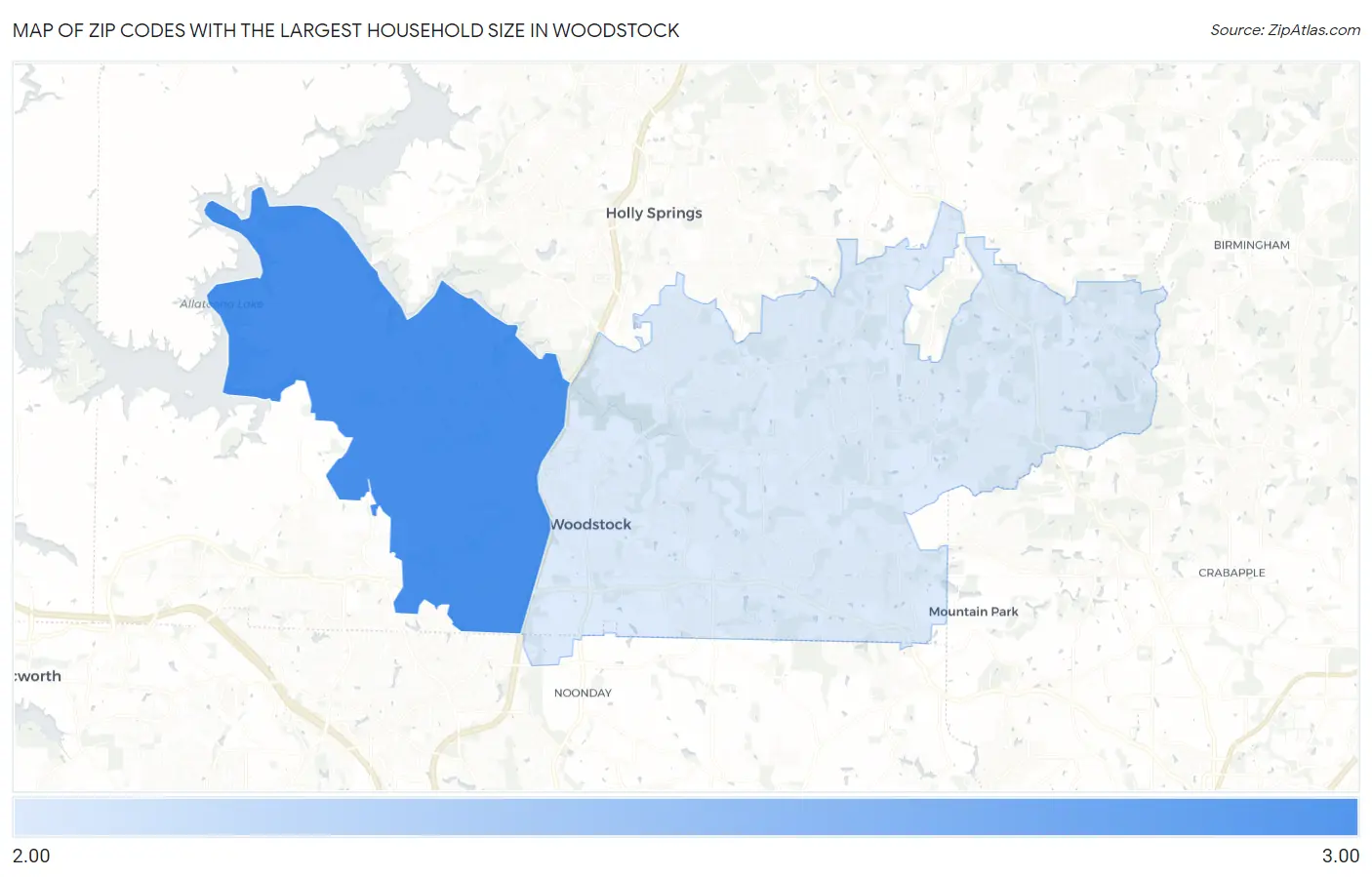Zip Codes with the Largest Household Size in Woodstock Map