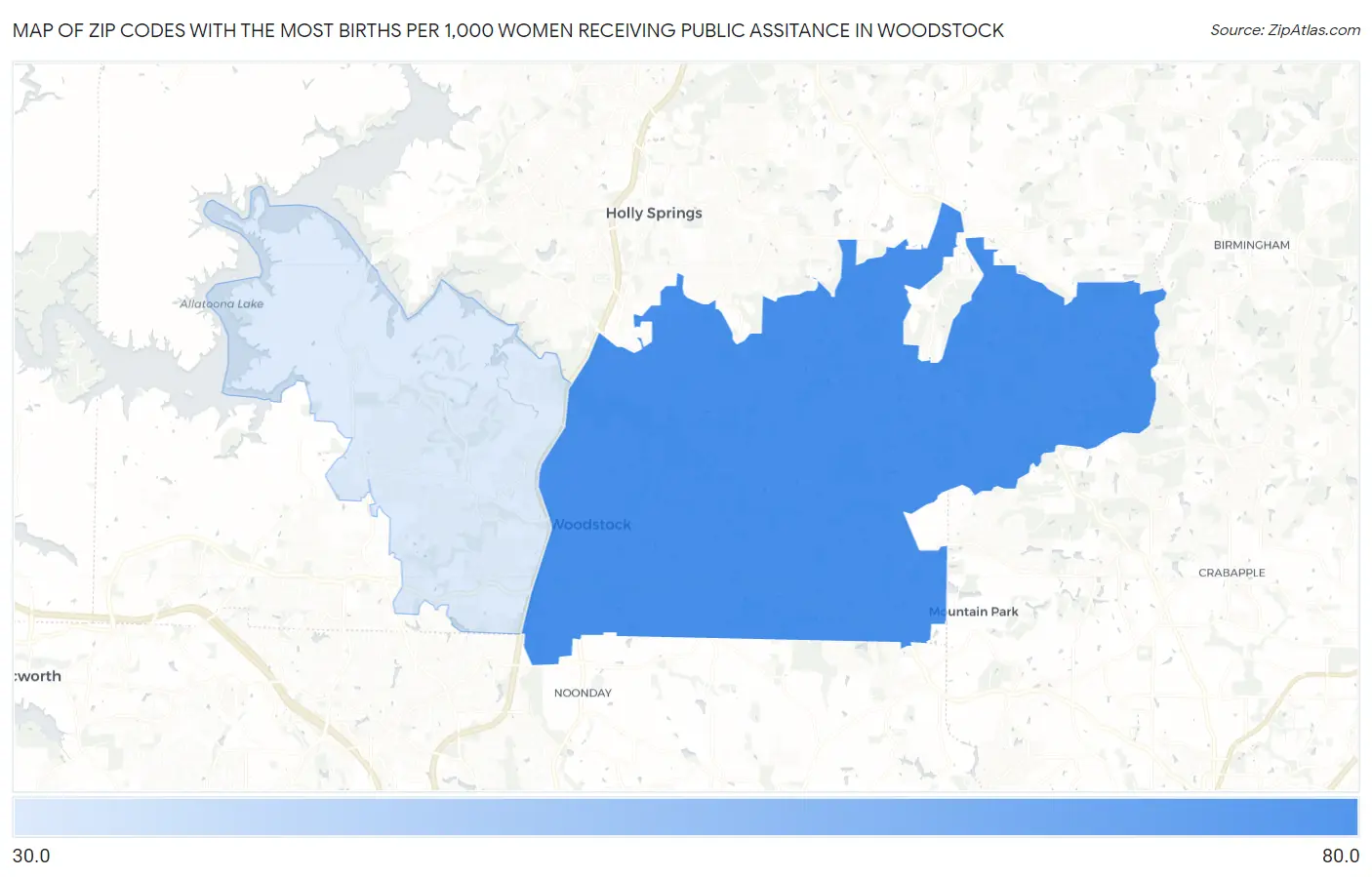 Zip Codes with the Most Births per 1,000 Women Receiving Public Assitance in Woodstock Map