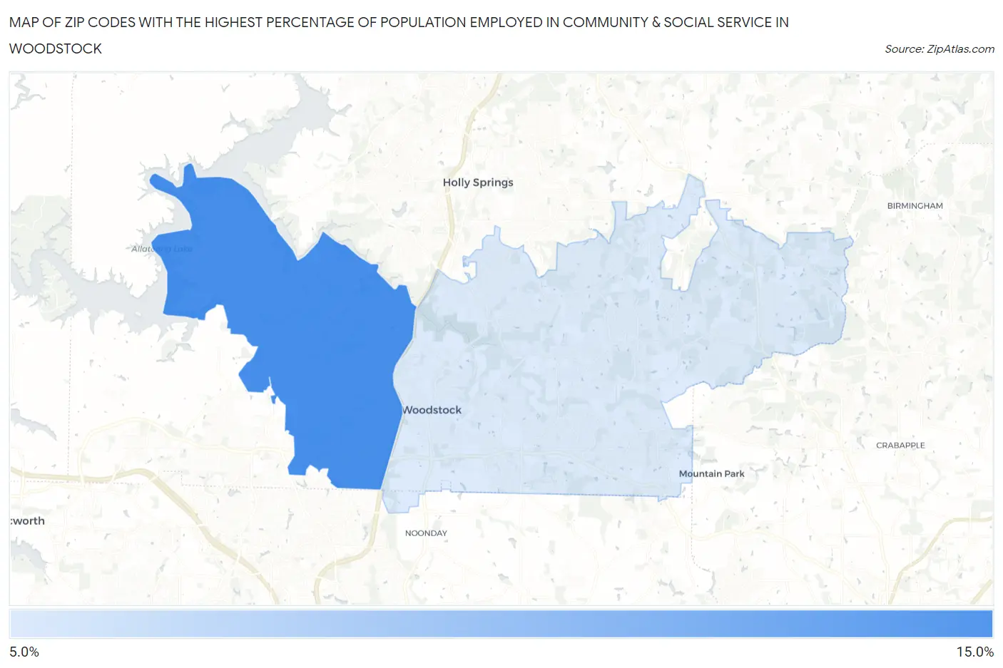 Zip Codes with the Highest Percentage of Population Employed in Community & Social Service  in Woodstock Map