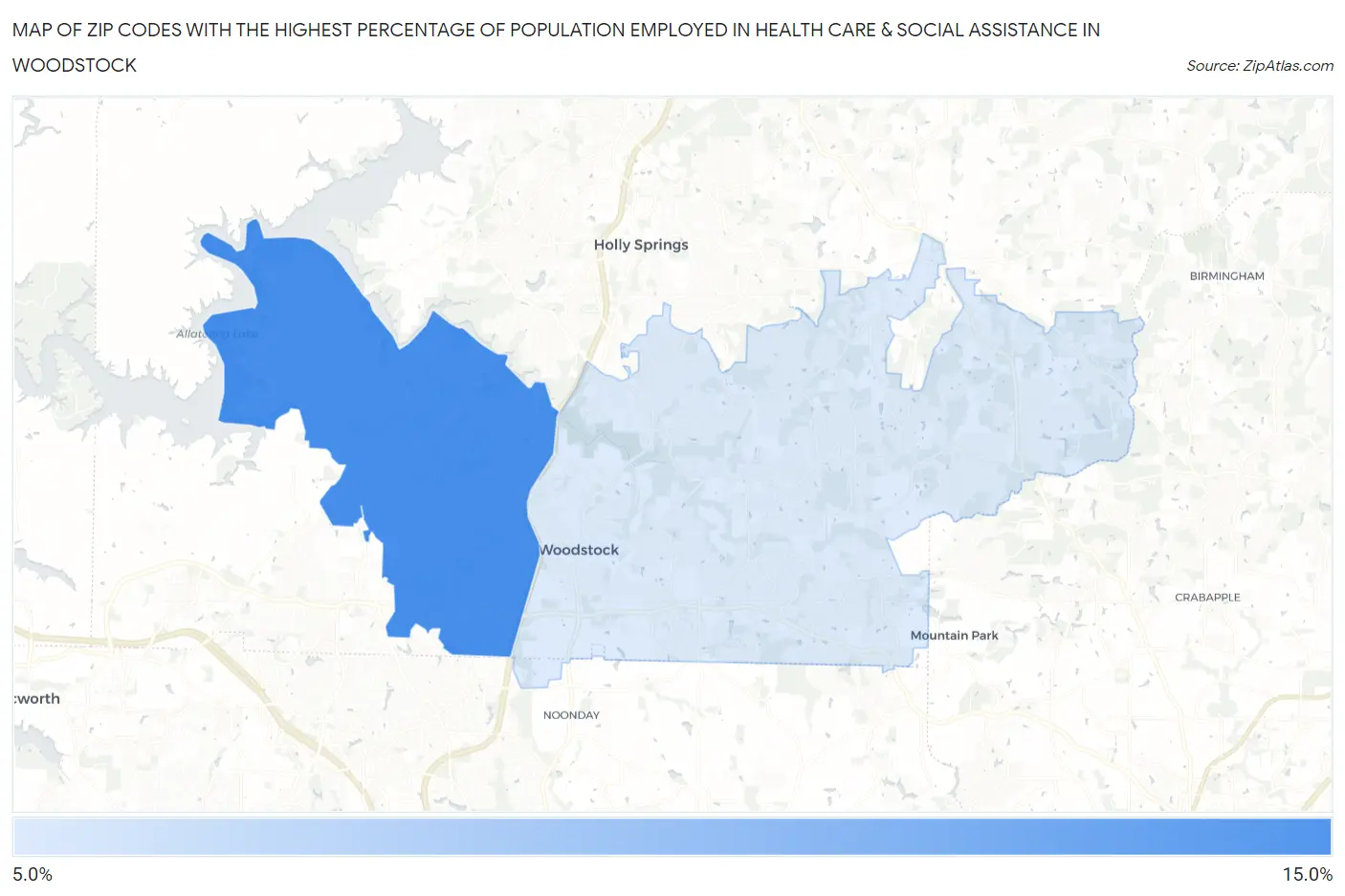 Zip Codes with the Highest Percentage of Population Employed in Health Care & Social Assistance in Woodstock Map