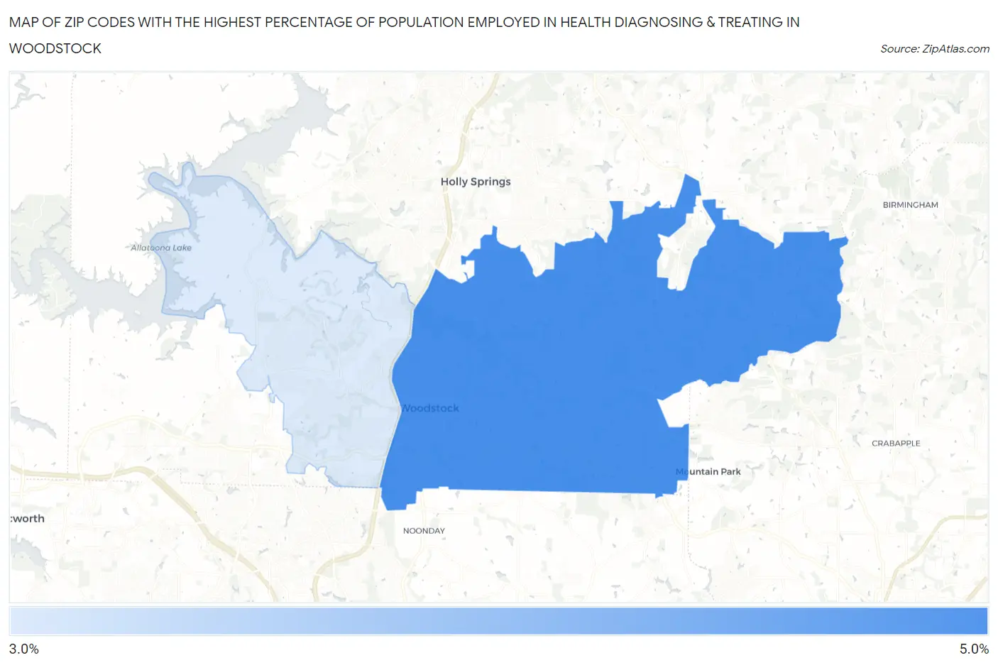 Zip Codes with the Highest Percentage of Population Employed in Health Diagnosing & Treating in Woodstock Map