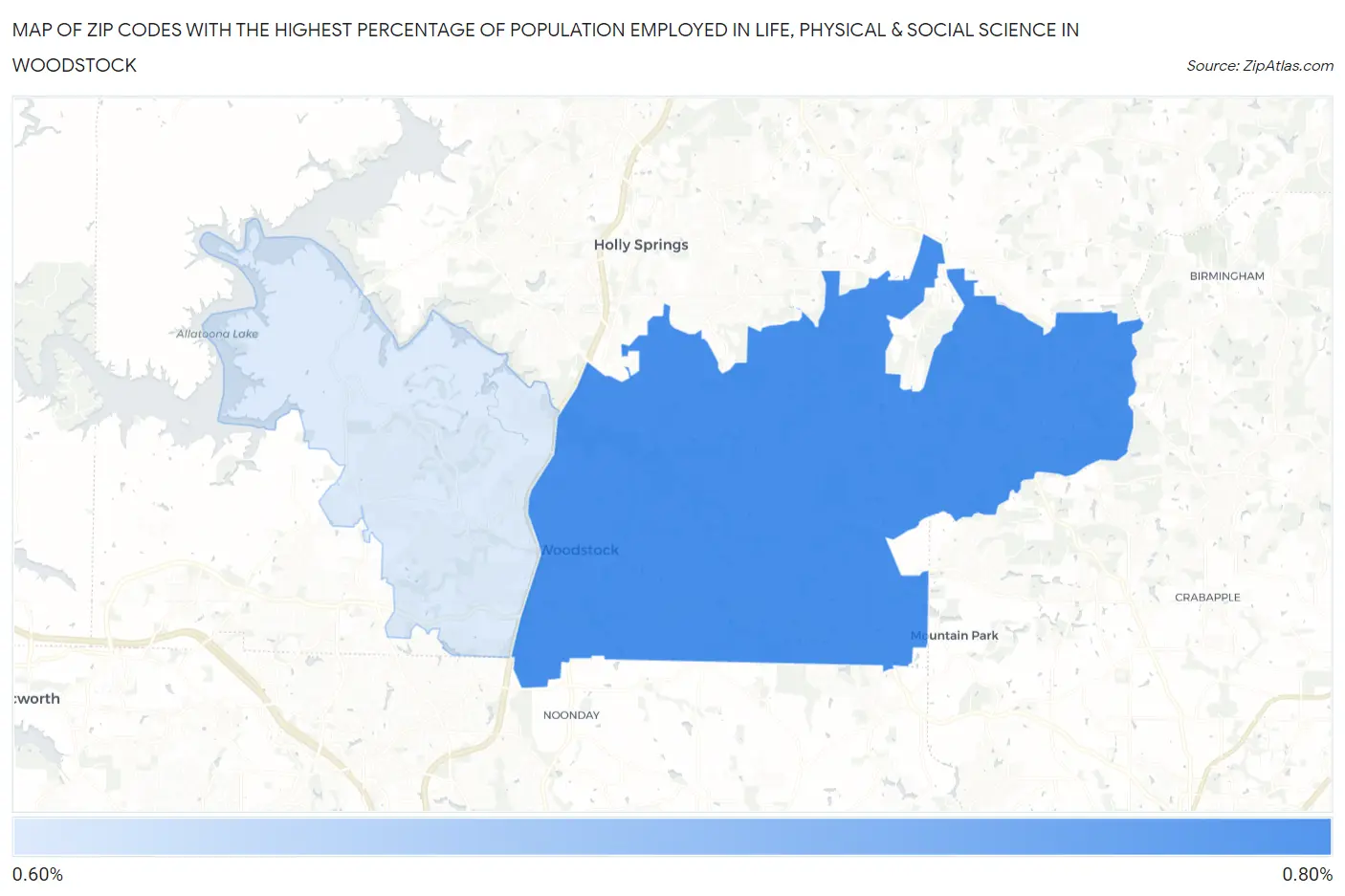 Zip Codes with the Highest Percentage of Population Employed in Life, Physical & Social Science in Woodstock Map