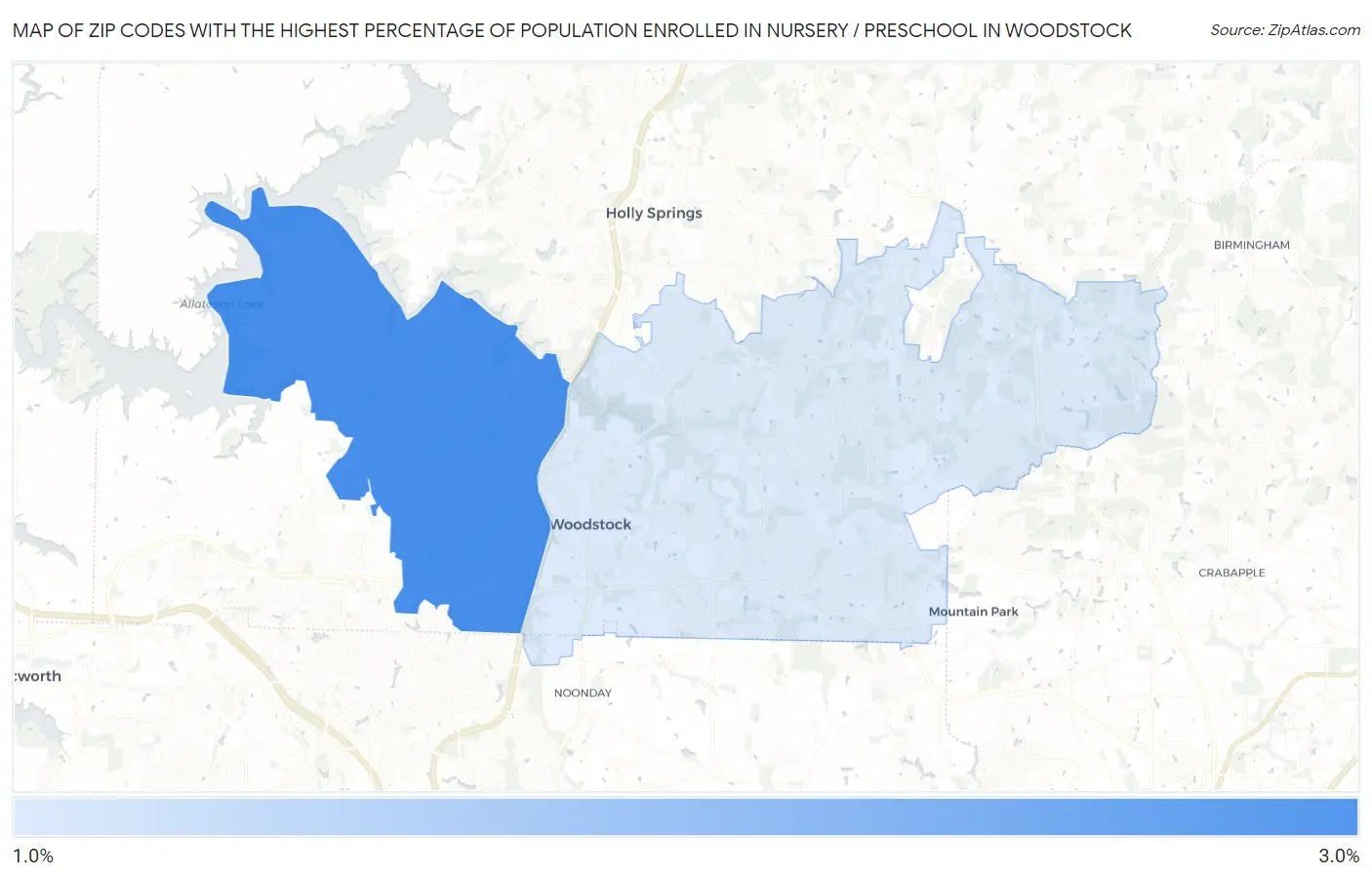 Zip Codes with the Highest Percentage of Population Enrolled in Nursery / Preschool in Woodstock Map