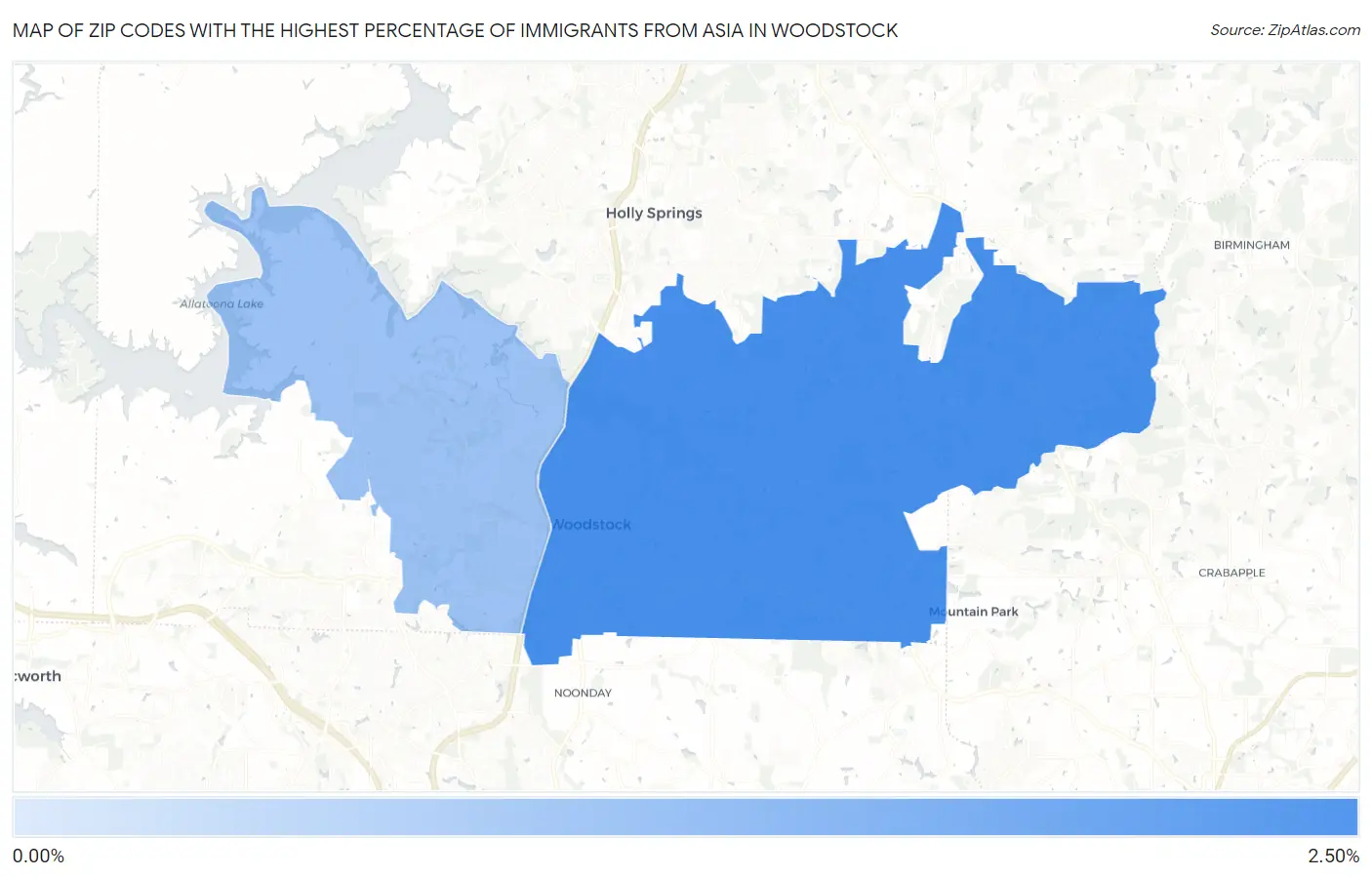 Zip Codes with the Highest Percentage of Immigrants from Asia in Woodstock Map
