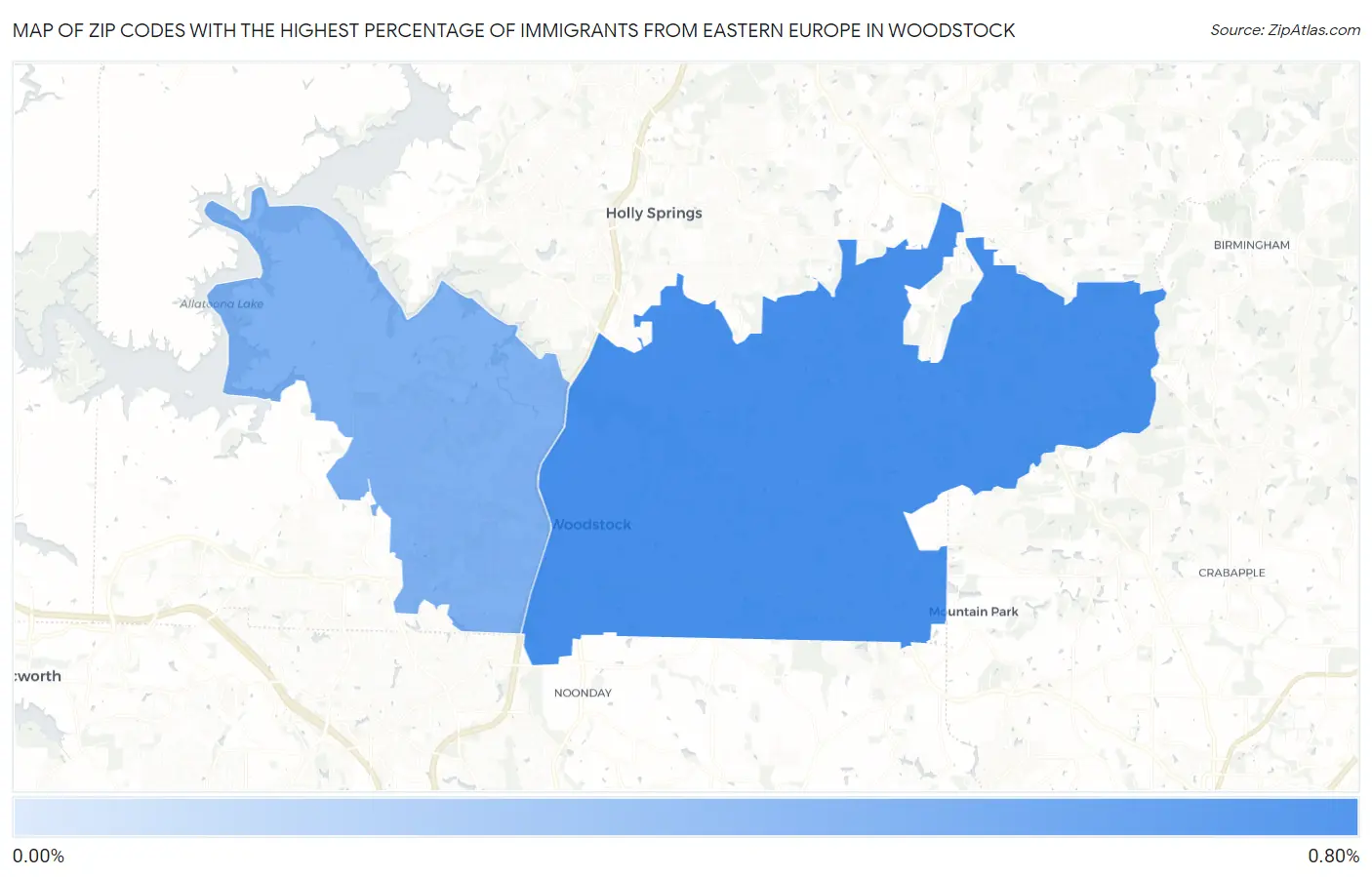 Zip Codes with the Highest Percentage of Immigrants from Eastern Europe in Woodstock Map