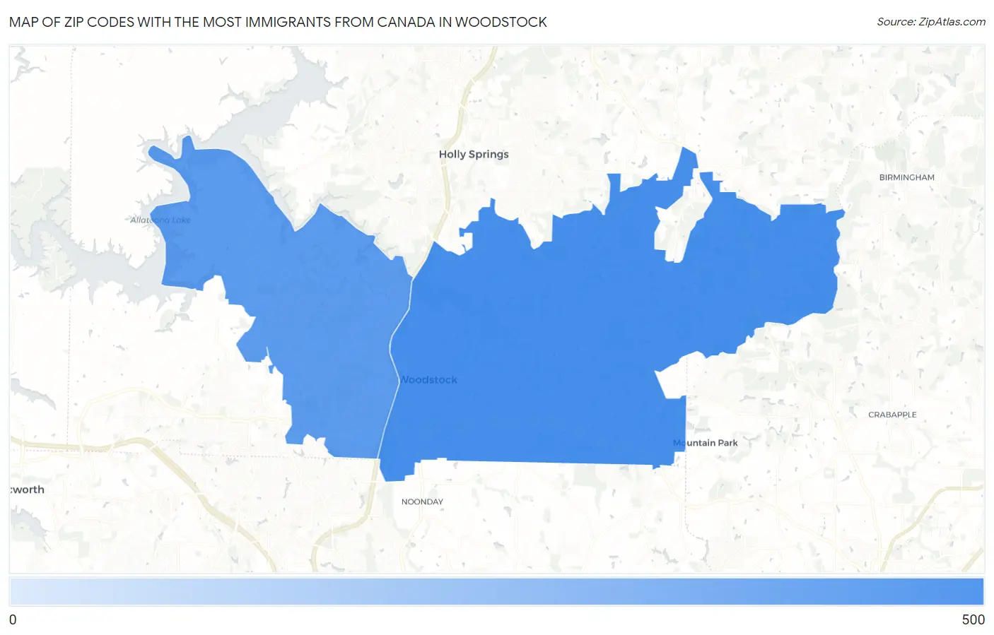 Zip Codes with the Most Immigrants from Canada in Woodstock Map