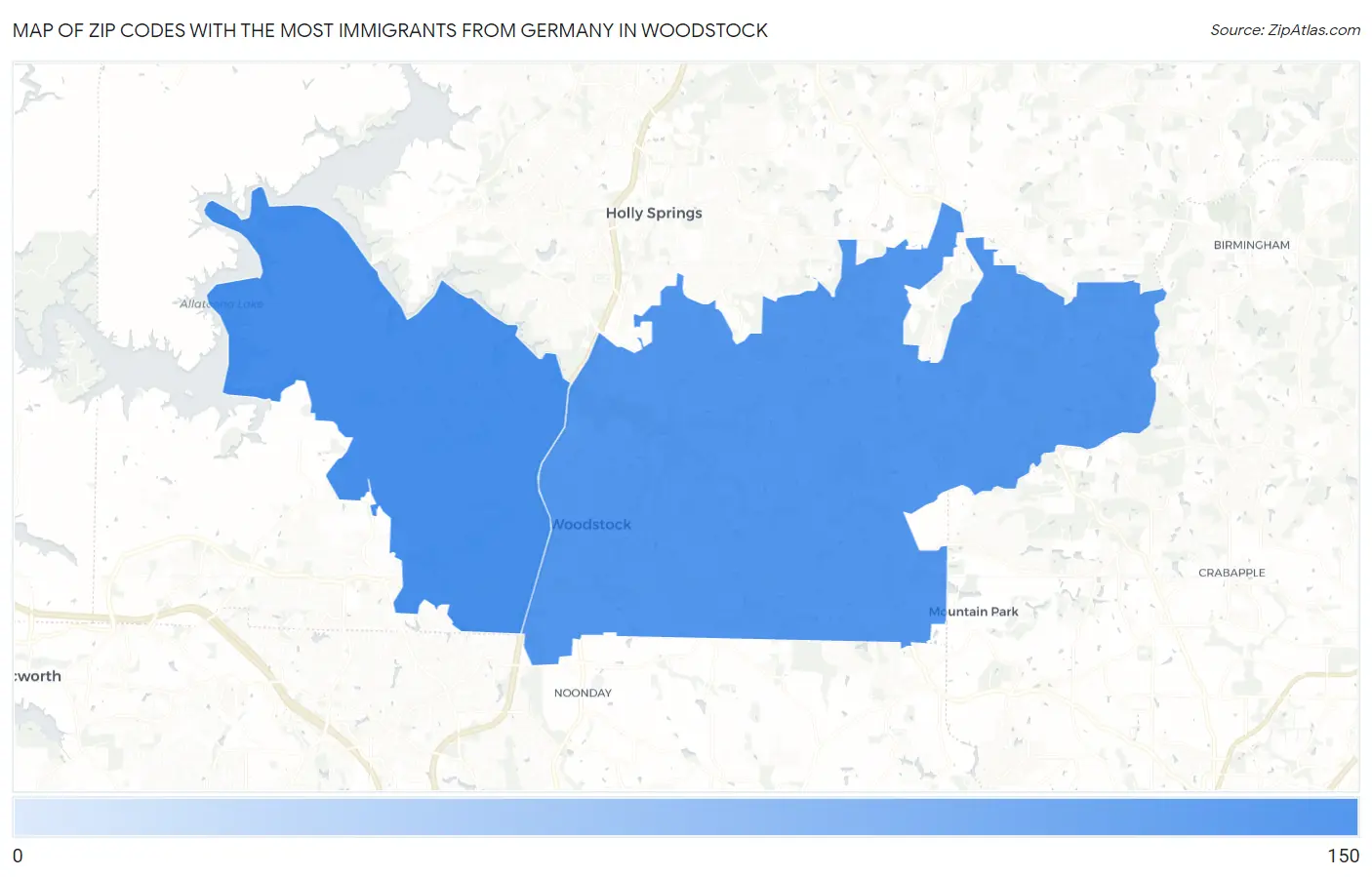Zip Codes with the Most Immigrants from Germany in Woodstock Map