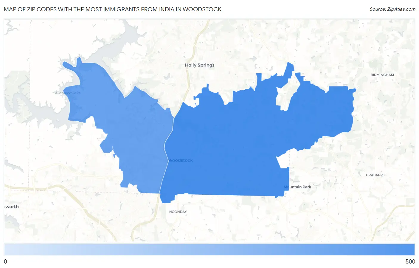 Zip Codes with the Most Immigrants from India in Woodstock Map
