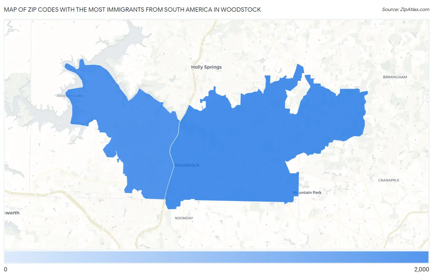 Zip Codes with the Most Immigrants from South America in Woodstock Map