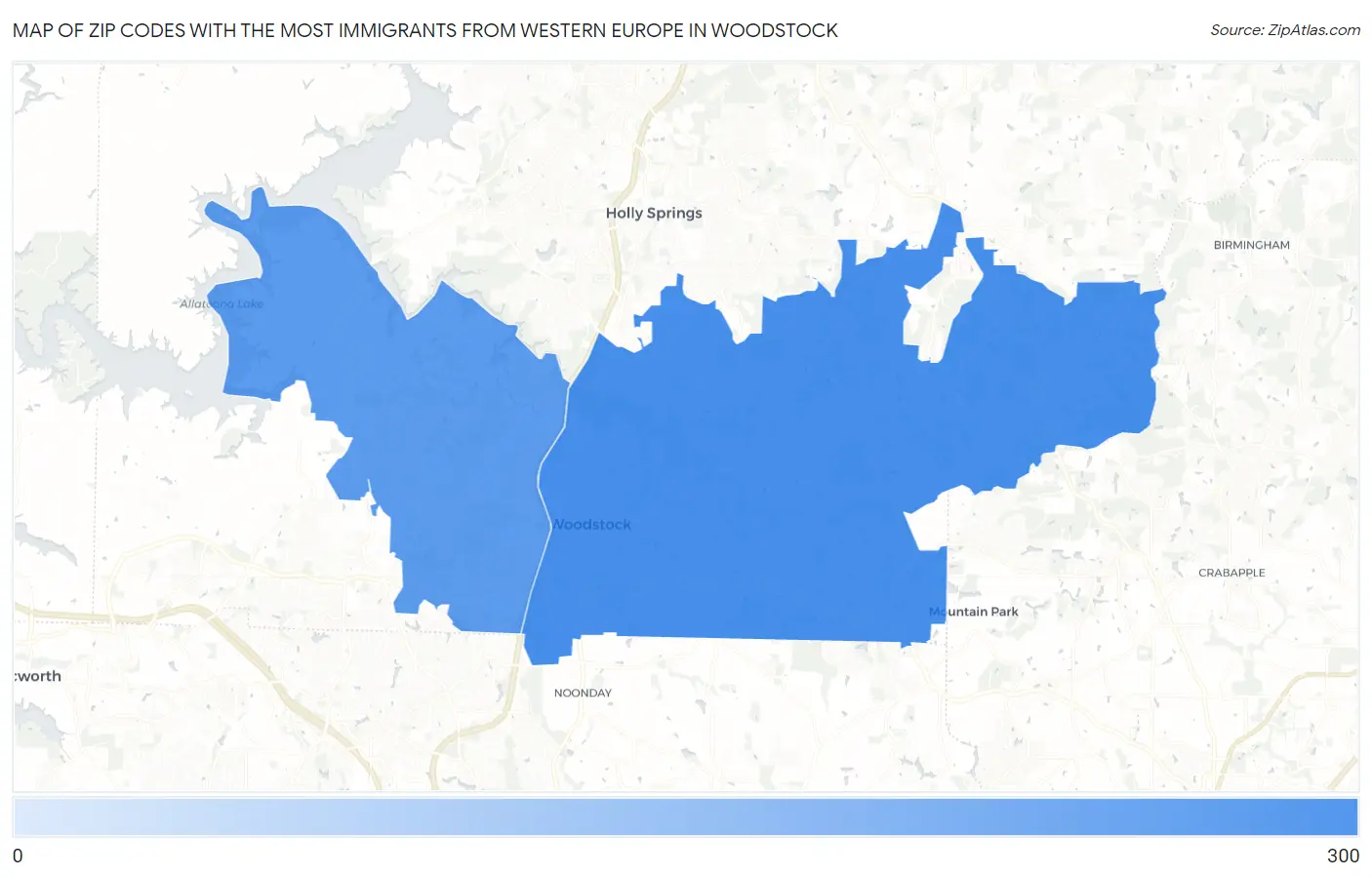 Zip Codes with the Most Immigrants from Western Europe in Woodstock Map