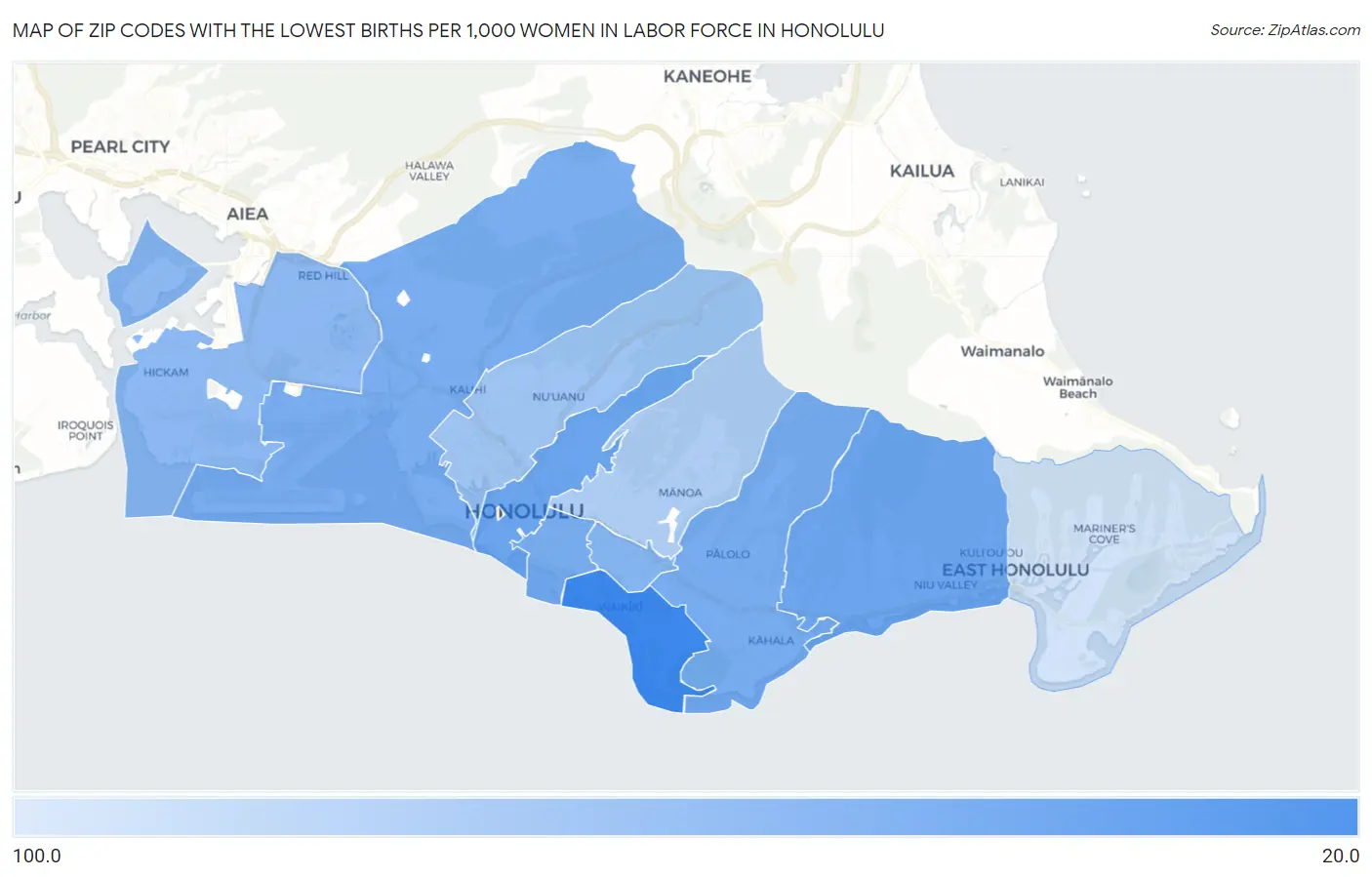 Zip Codes with the Lowest Births per 1,000 Women in Labor Force in Honolulu Map