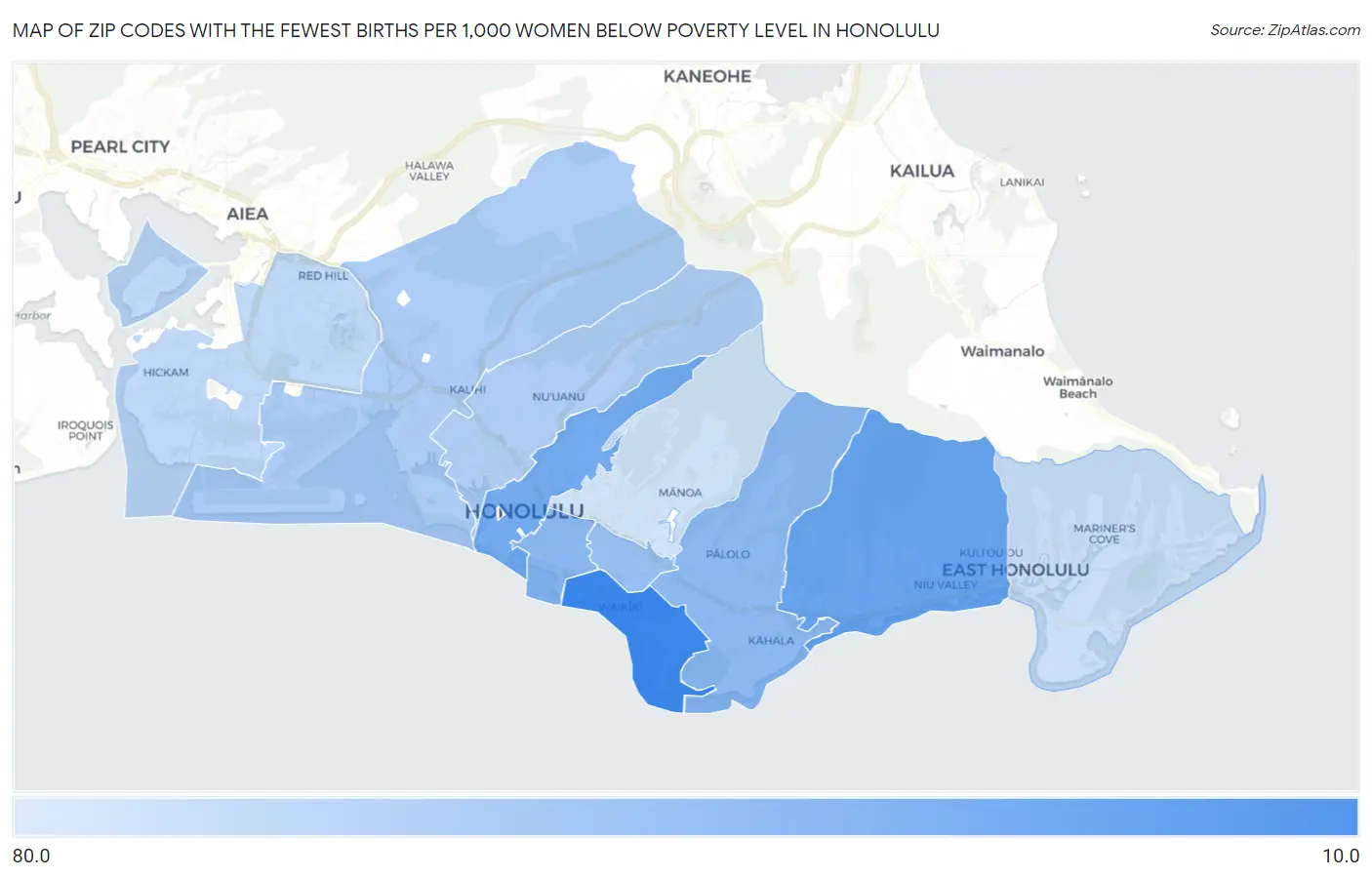 Zip Codes with the Fewest Births per 1,000 Women Below Poverty Level in Honolulu Map