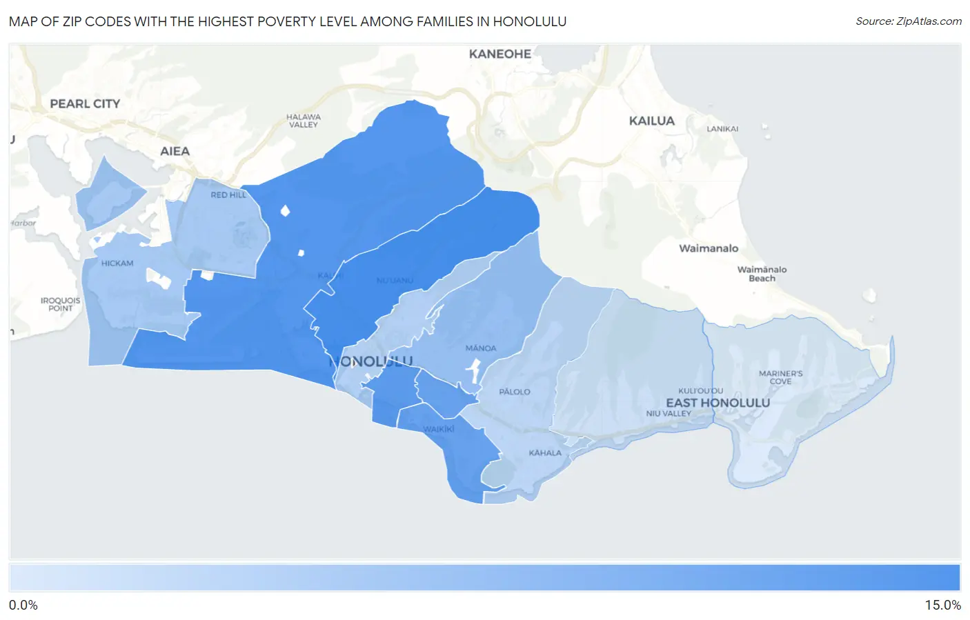 Zip Codes with the Highest Poverty Level Among Families in Honolulu Map