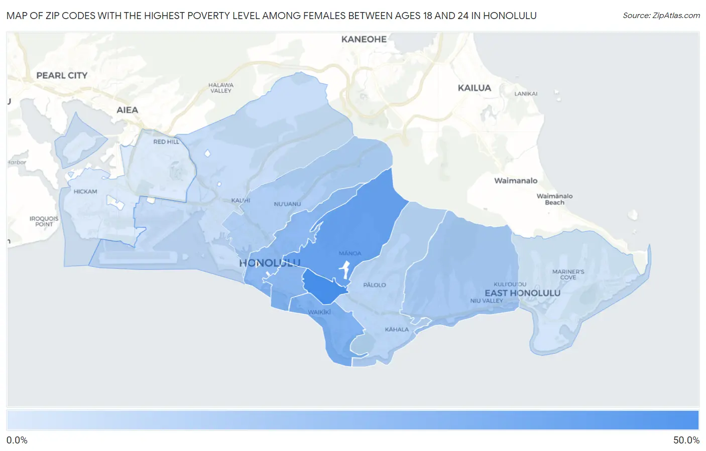 Zip Codes with the Highest Poverty Level Among Females Between Ages 18 and 24 in Honolulu Map