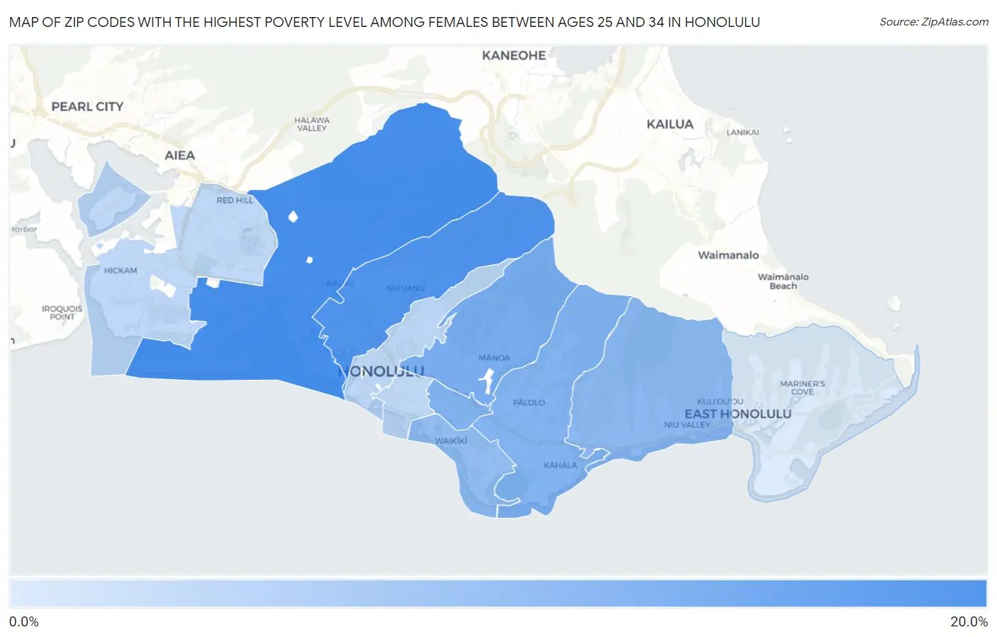 Zip Codes with the Highest Poverty Level Among Females Between Ages 25 and 34 in Honolulu Map