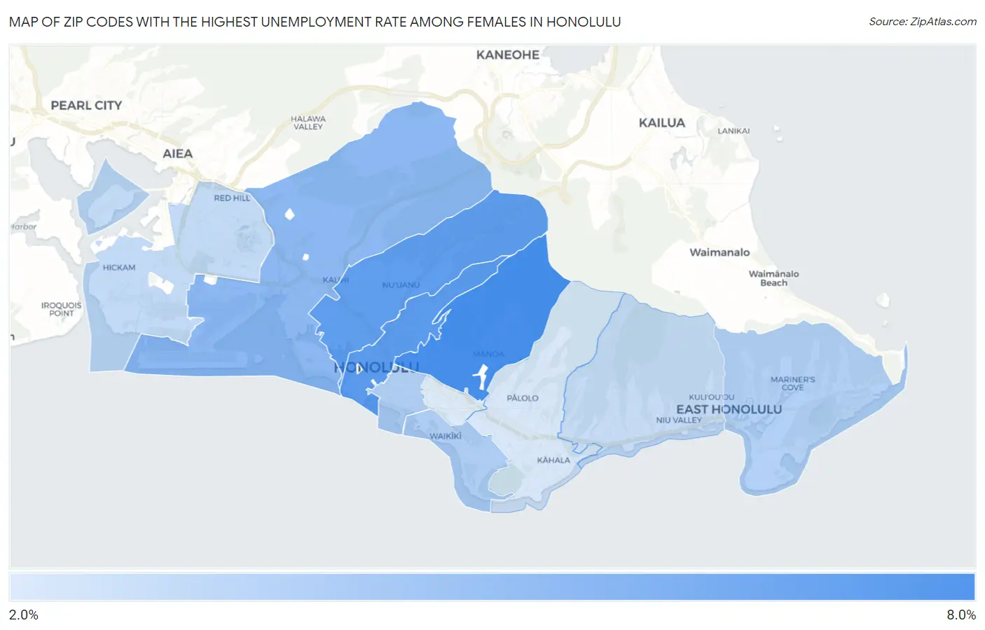 Zip Codes with the Highest Unemployment Rate Among Females in Honolulu Map