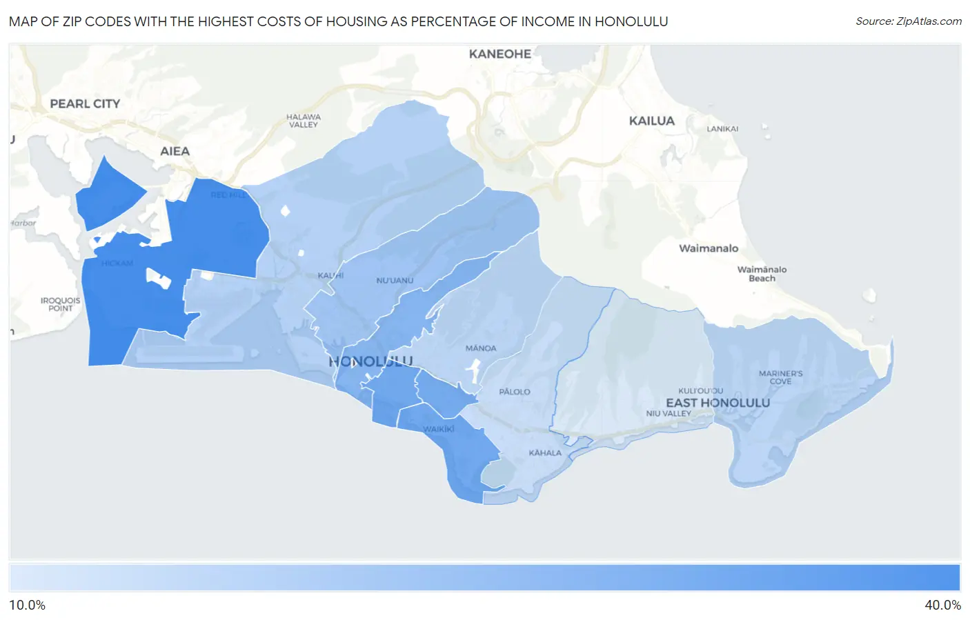 Zip Codes with the Highest Costs of Housing as Percentage of Income in Honolulu Map