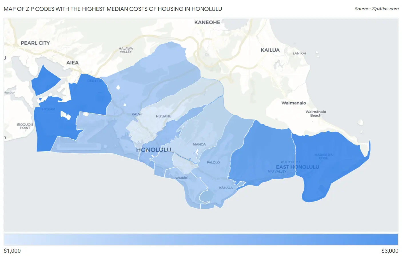 Zip Codes with the Highest Median Costs of Housing in Honolulu Map