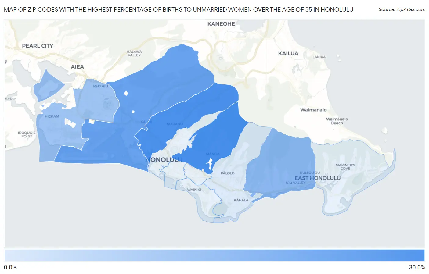 Zip Codes with the Highest Percentage of Births to Unmarried Women over the Age of 35 in Honolulu Map