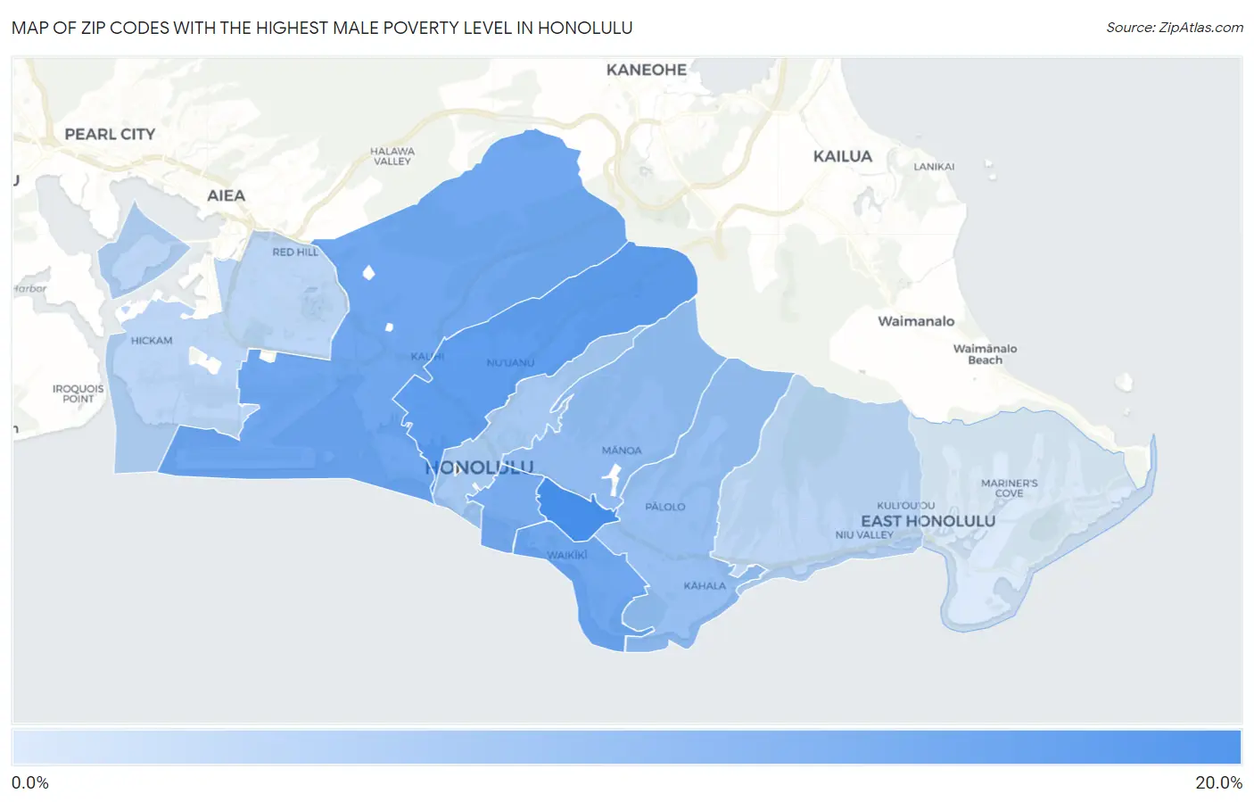 Zip Codes with the Highest Male Poverty Level in Honolulu Map