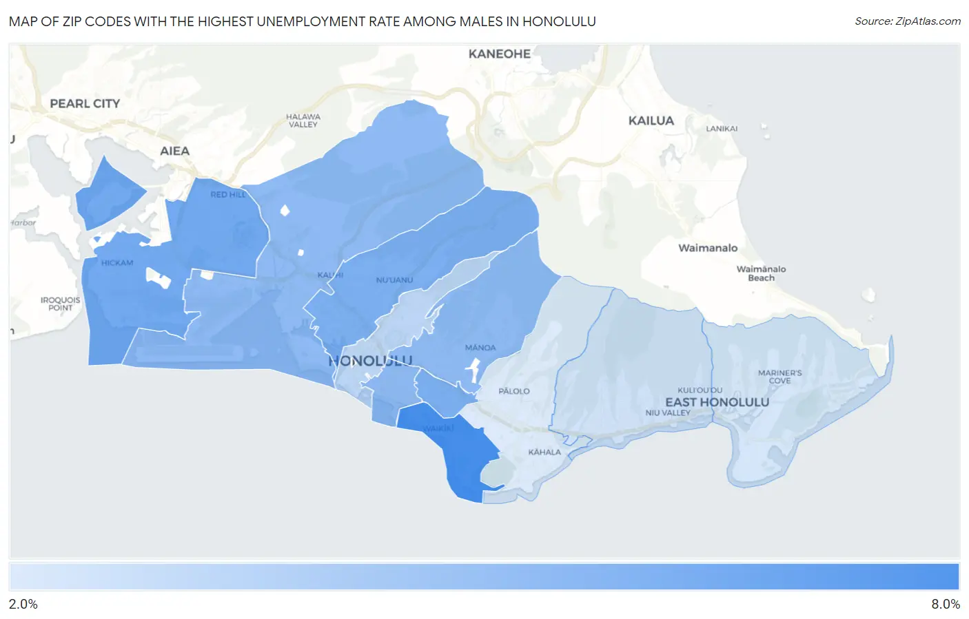 Zip Codes with the Highest Unemployment Rate Among Males in Honolulu Map