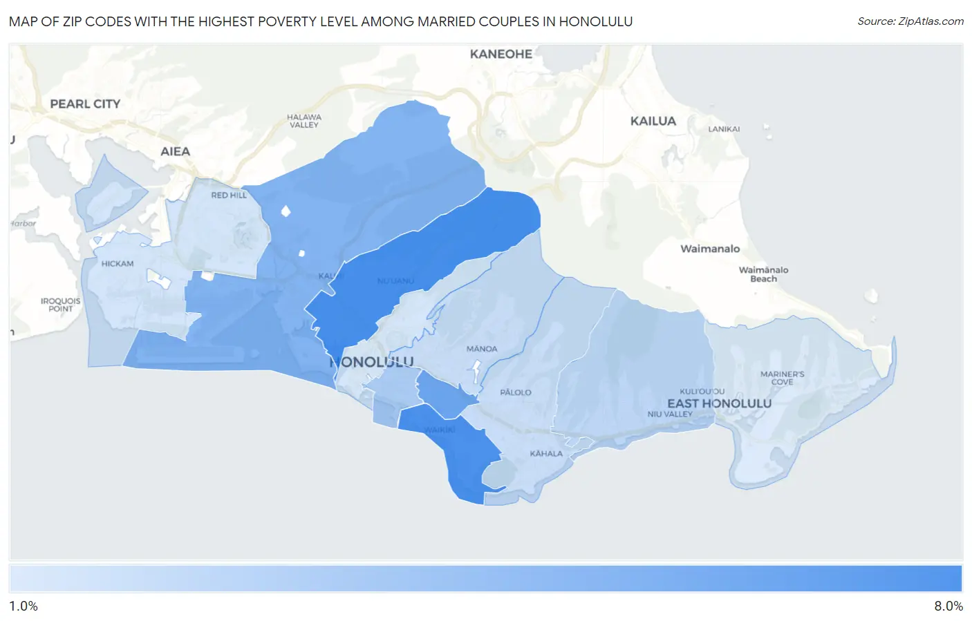 Zip Codes with the Highest Poverty Level Among Married Couples in Honolulu Map
