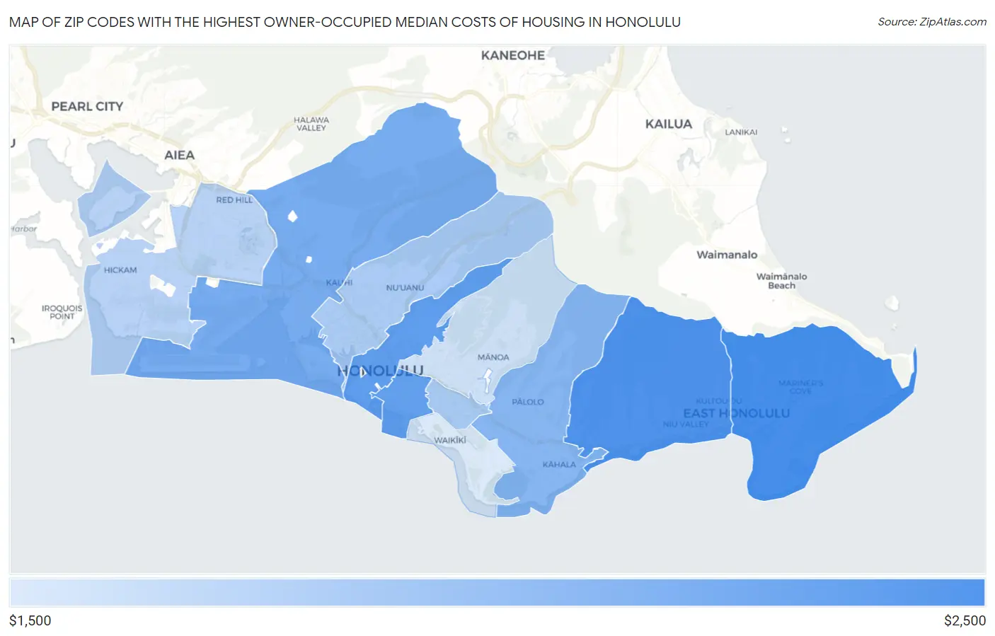 Zip Codes with the Highest Owner-Occupied Median Costs of Housing in Honolulu Map