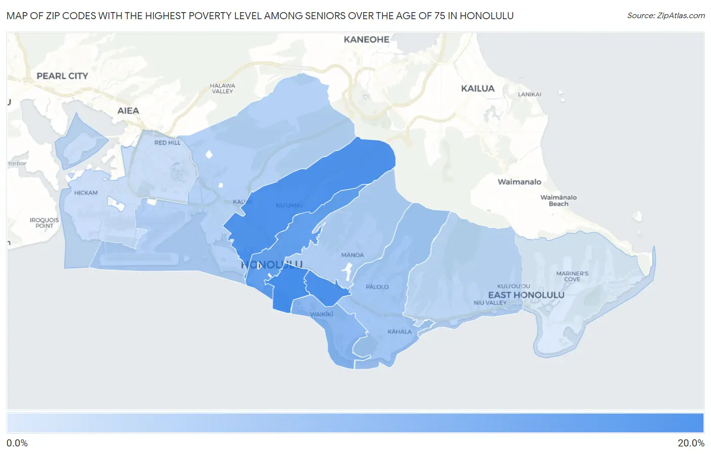 Zip Codes with the Highest Poverty Level Among Seniors Over the Age of 75 in Honolulu Map