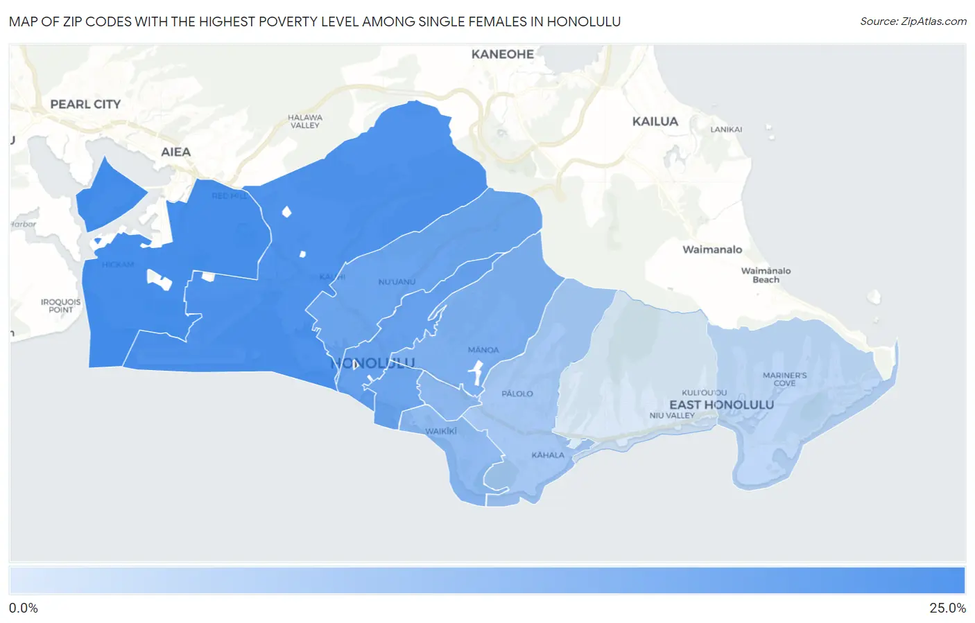 Zip Codes with the Highest Poverty Level Among Single Females in Honolulu Map
