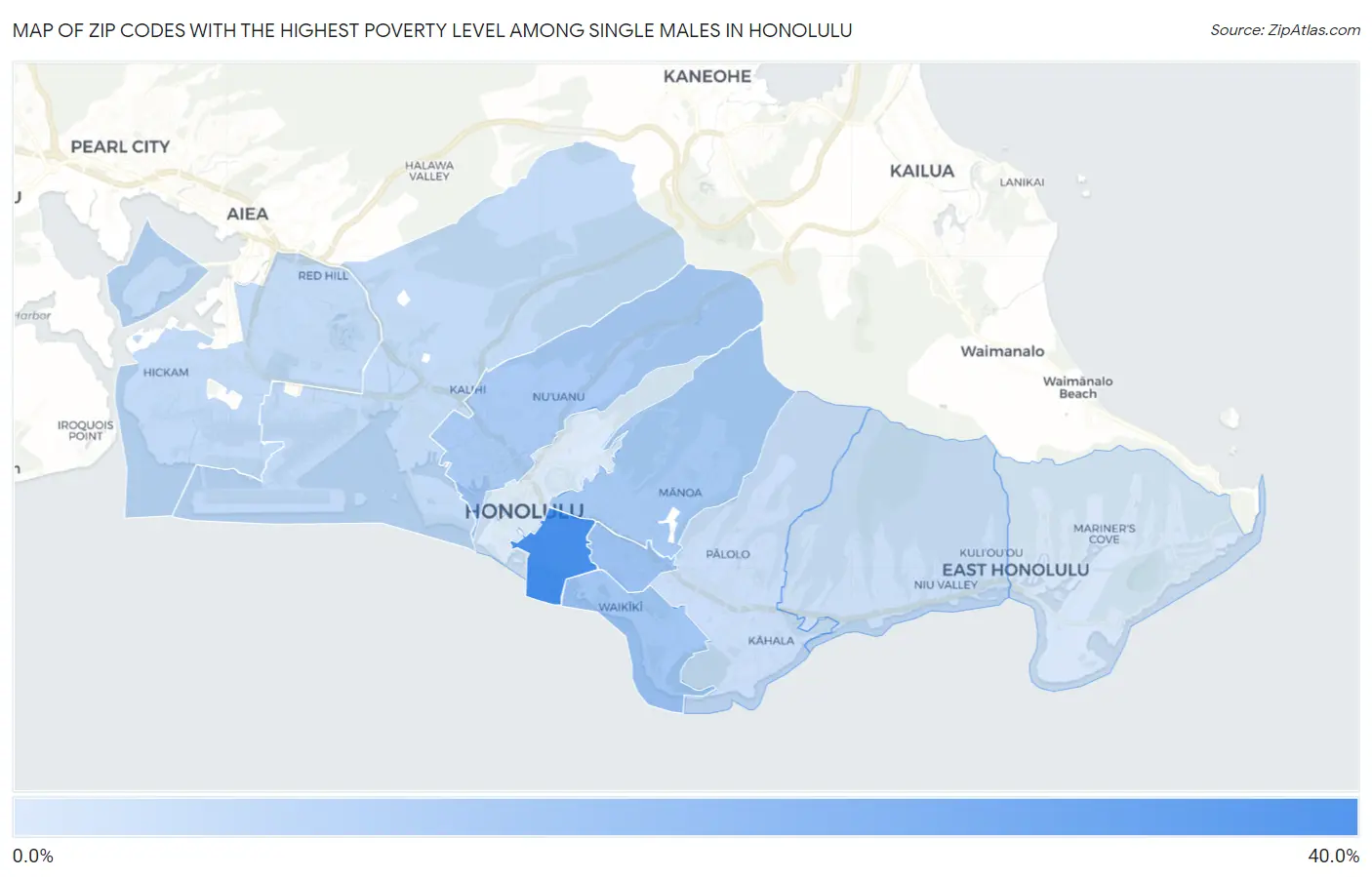 Zip Codes with the Highest Poverty Level Among Single Males in Honolulu Map