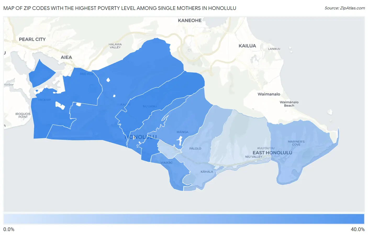 Zip Codes with the Highest Poverty Level Among Single Mothers in Honolulu Map