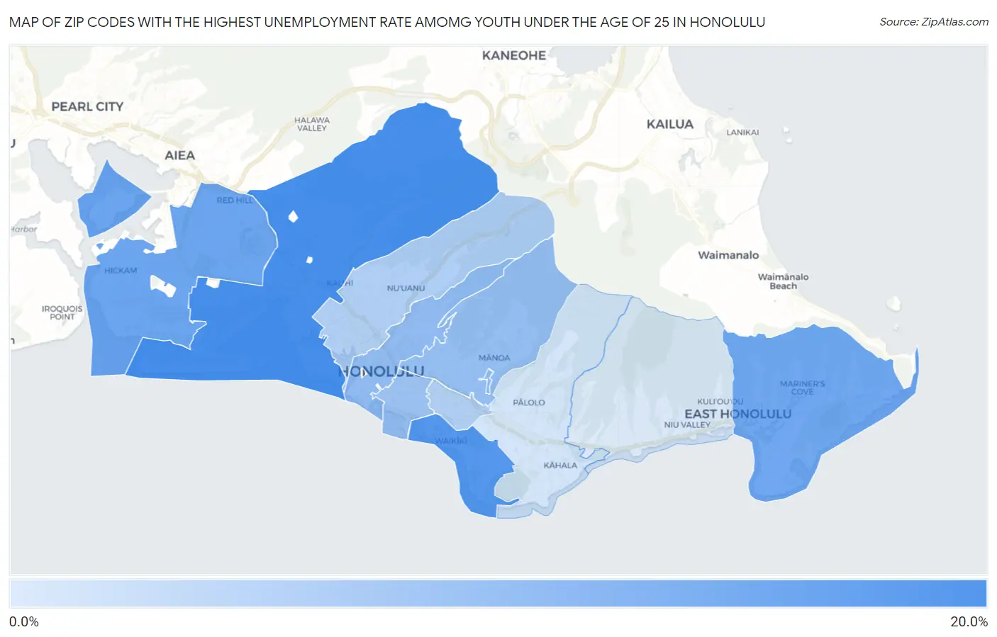 Zip Codes with the Highest Unemployment Rate Amomg Youth Under the Age of 25 in Honolulu Map
