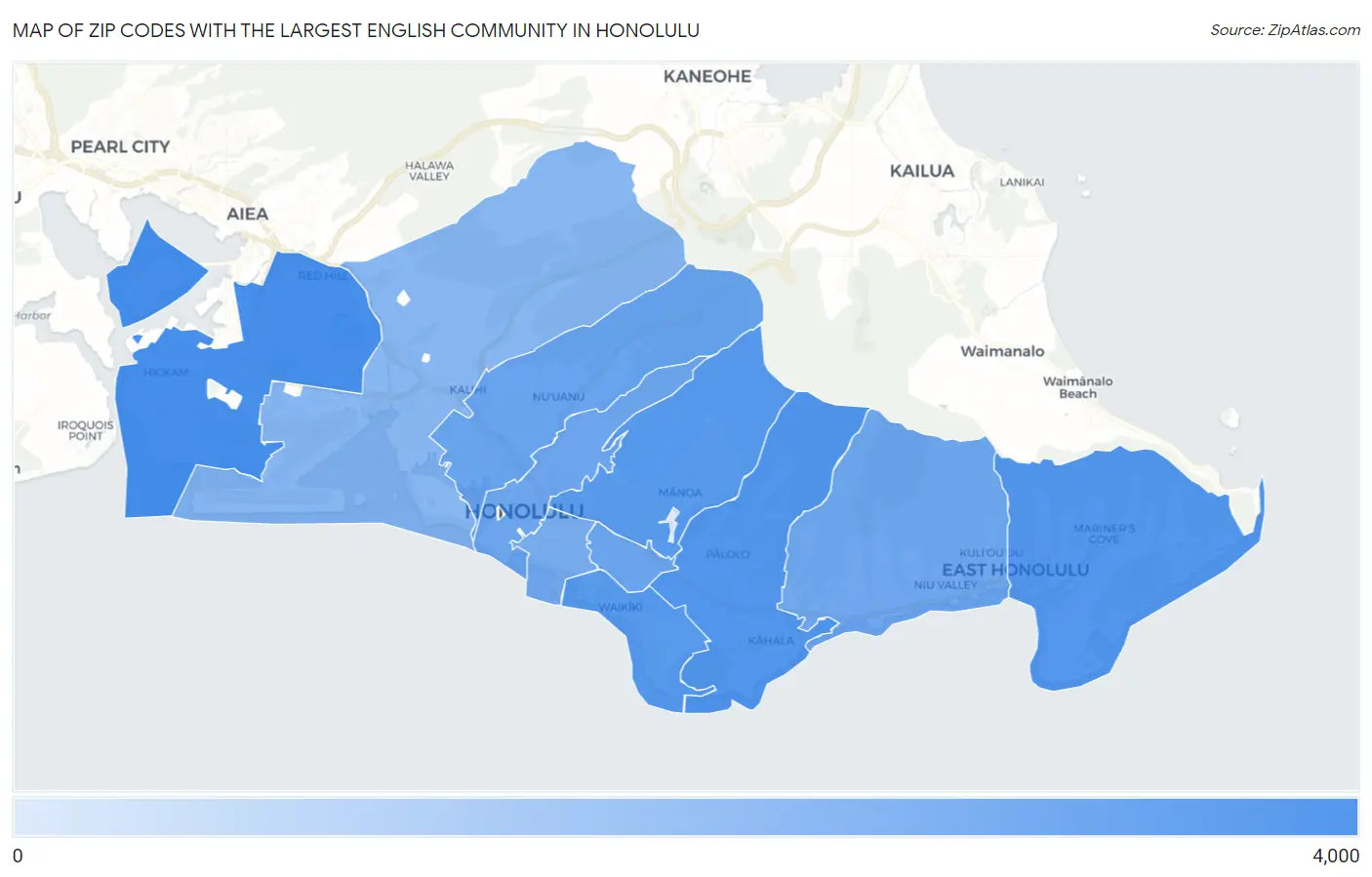 Zip Codes with the Largest English Community in Honolulu Map