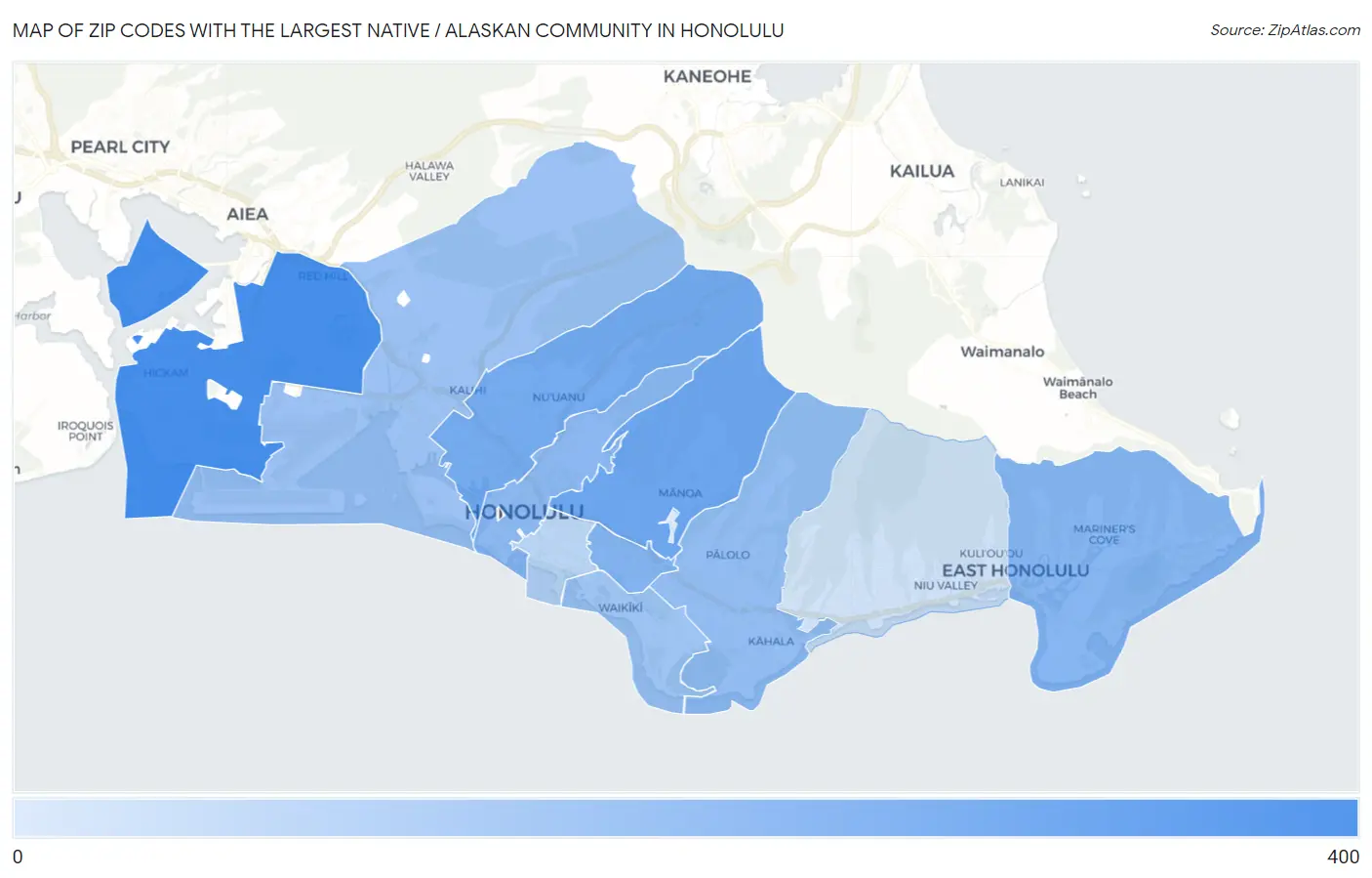 Zip Codes with the Largest Native / Alaskan Community in Honolulu Map