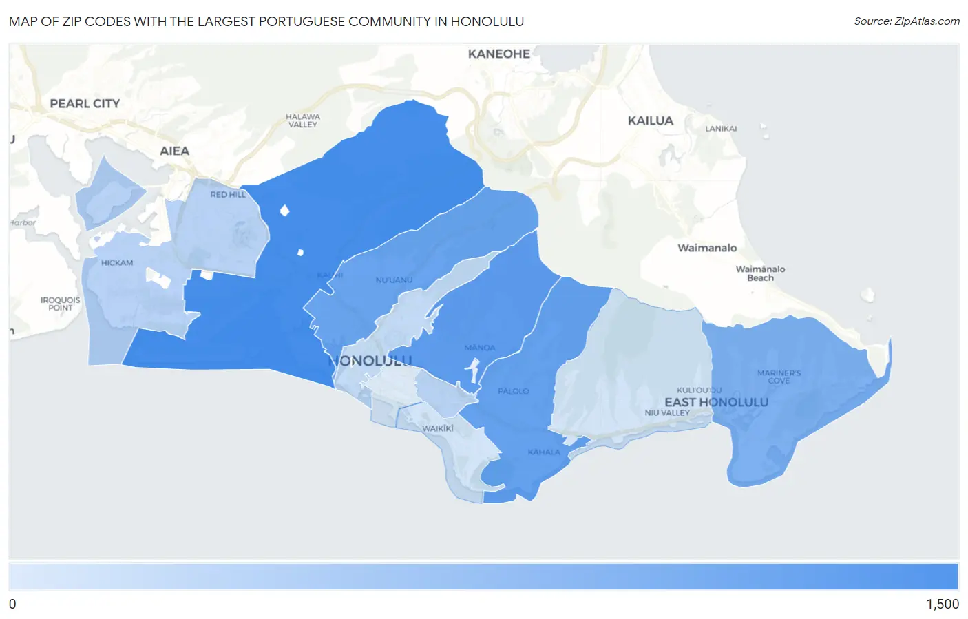 Zip Codes with the Largest Portuguese Community in Honolulu Map