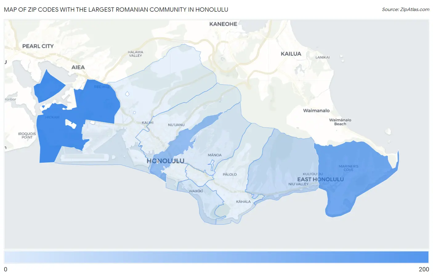 Zip Codes with the Largest Romanian Community in Honolulu Map