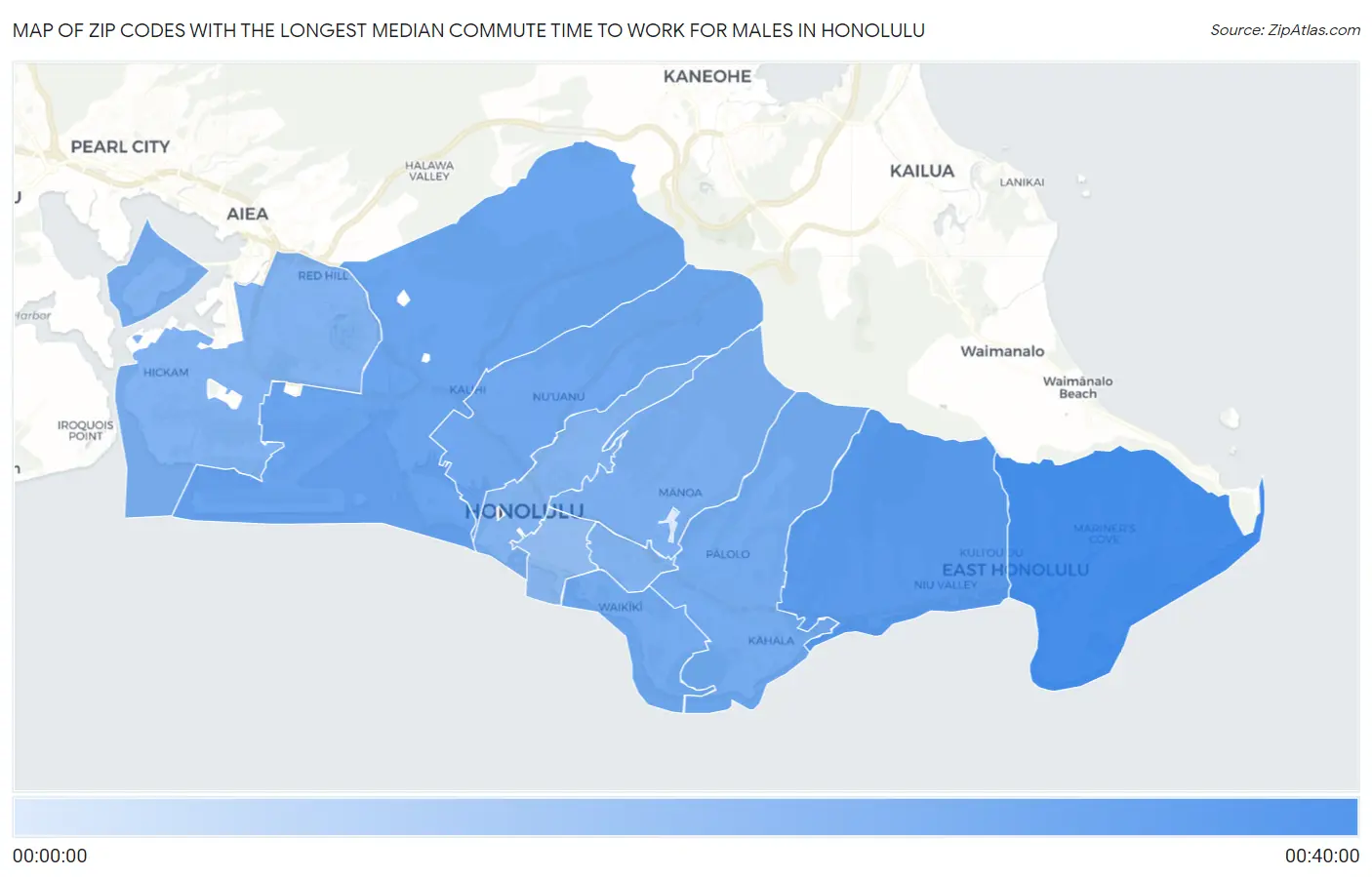 Zip Codes with the Longest Median Commute Time to Work for Males in Honolulu Map
