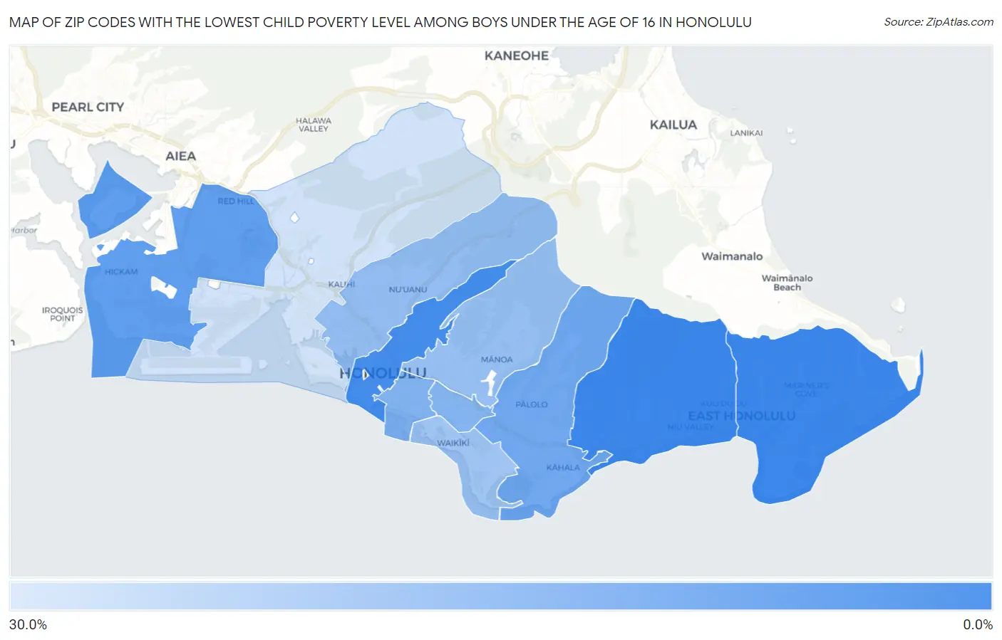 Zip Codes with the Lowest Child Poverty Level Among Boys Under the Age of 16 in Honolulu Map