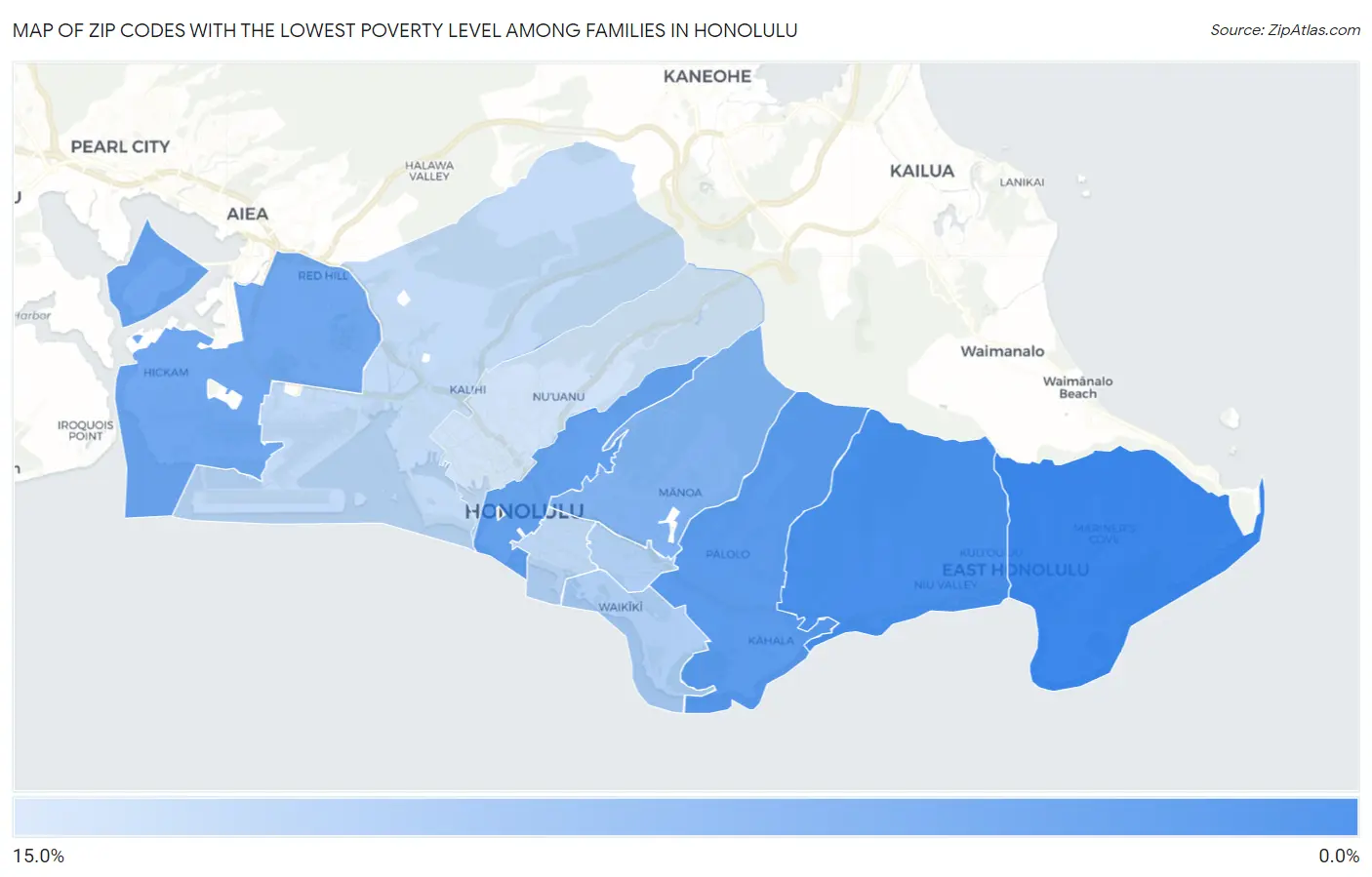 Zip Codes with the Lowest Poverty Level Among Families in Honolulu Map
