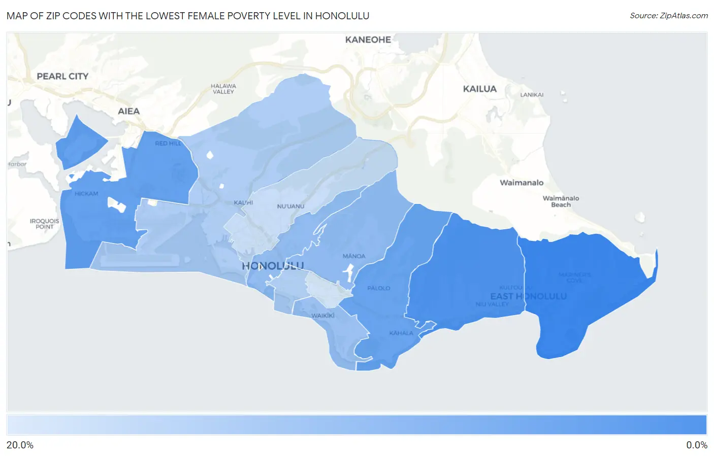 Zip Codes with the Lowest Female Poverty Level in Honolulu Map
