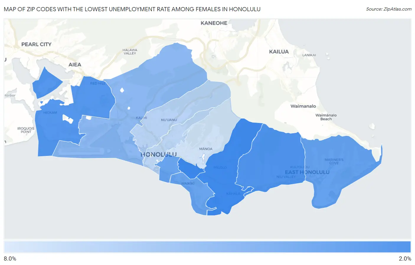 Zip Codes with the Lowest Unemployment Rate Among Females in Honolulu Map